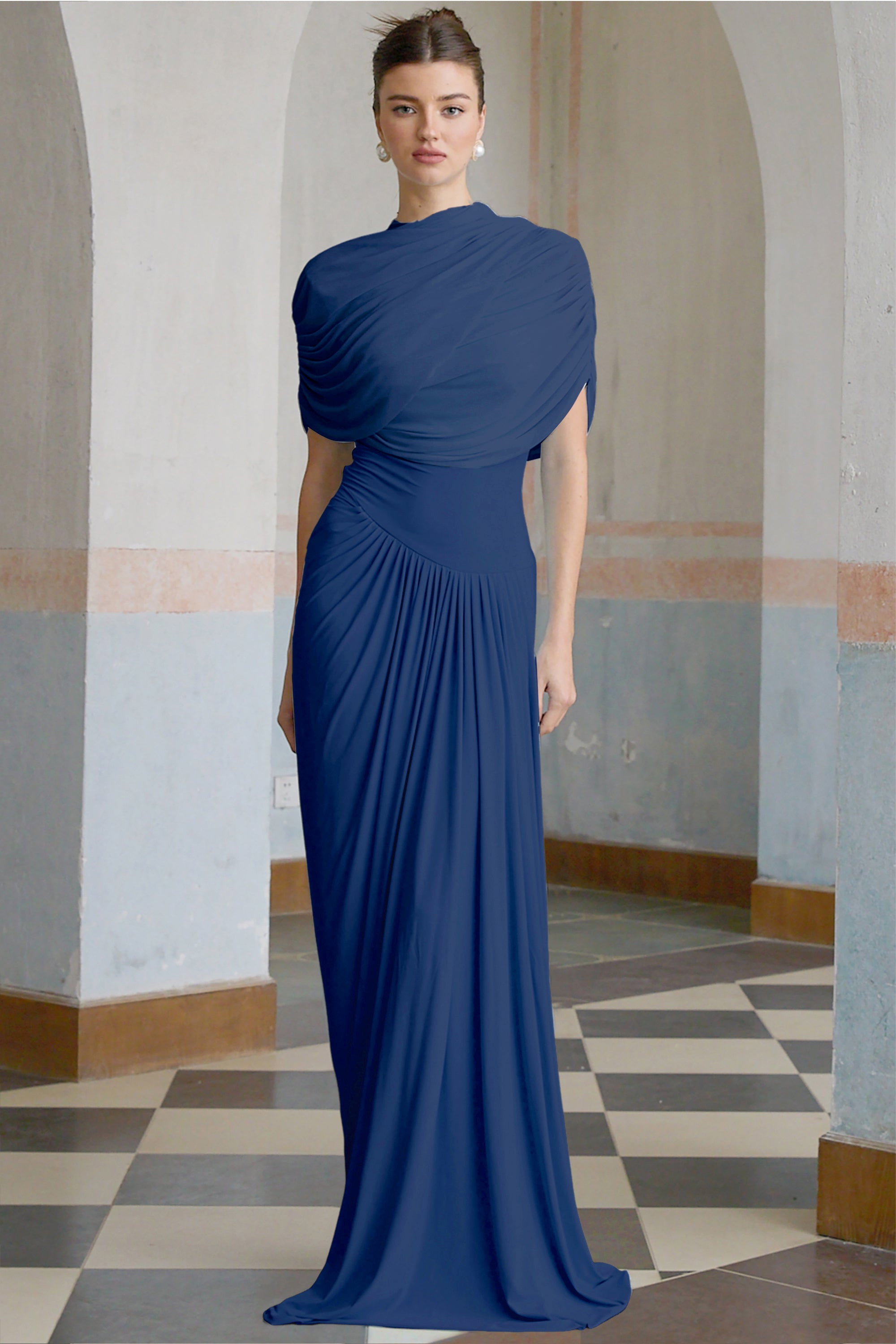 Catherine asymmetrical pleated maxi dress in Navy-blue (Final Sale-US Only)