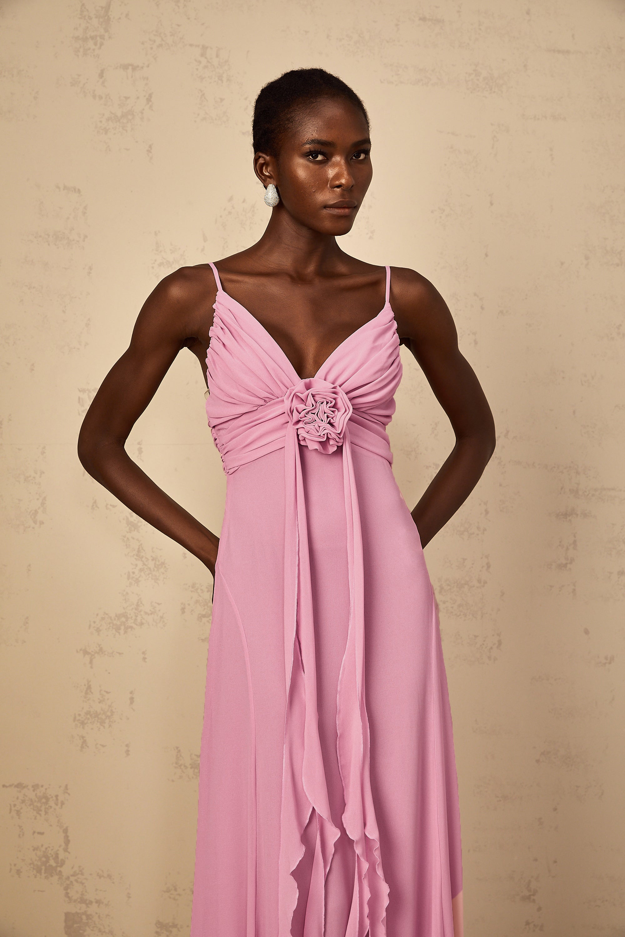 Ysandre Rose-Pink 3D Petal Tulle Maxi Dress