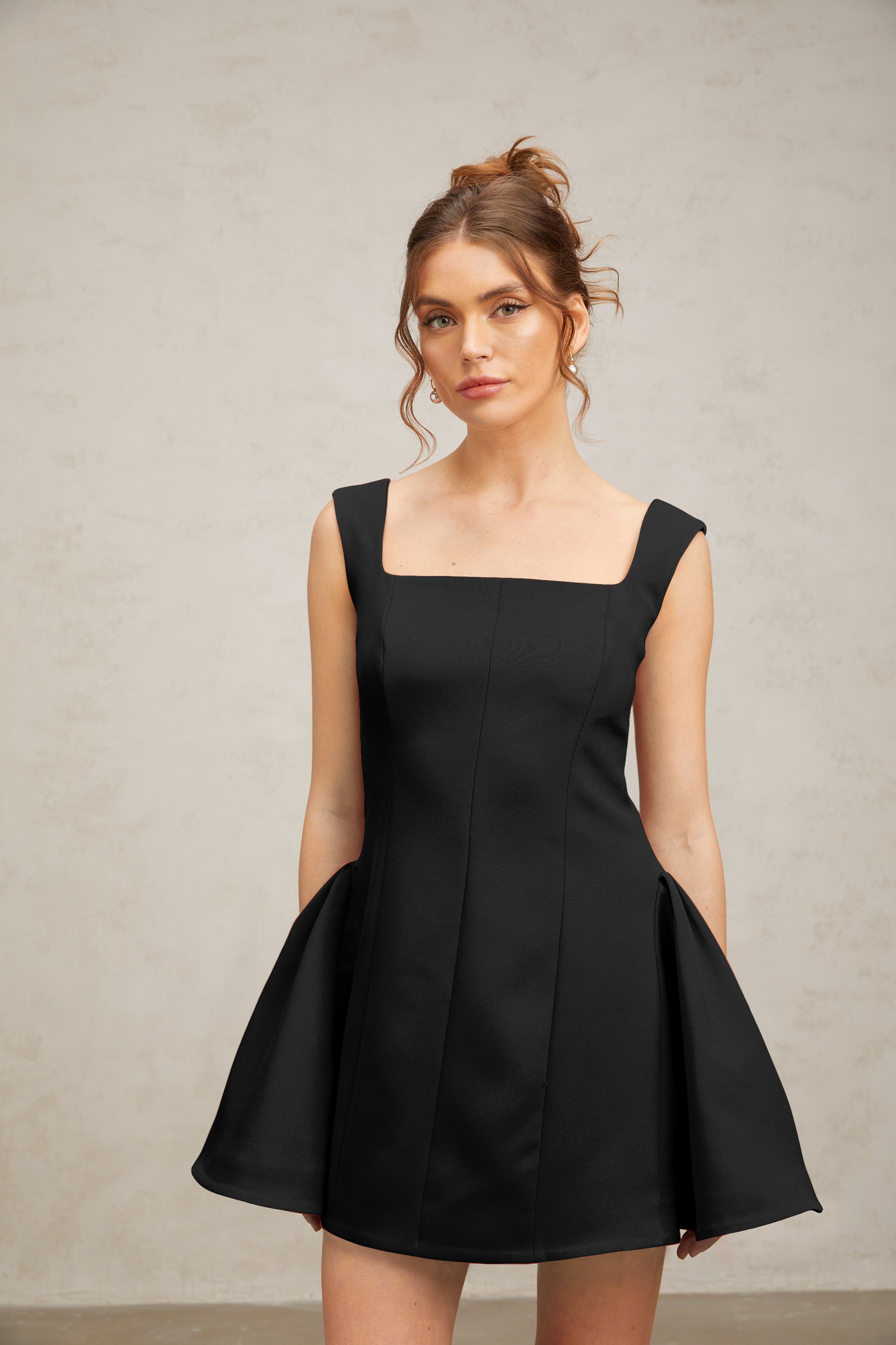 Margherita square-neck puff mini dress in Black