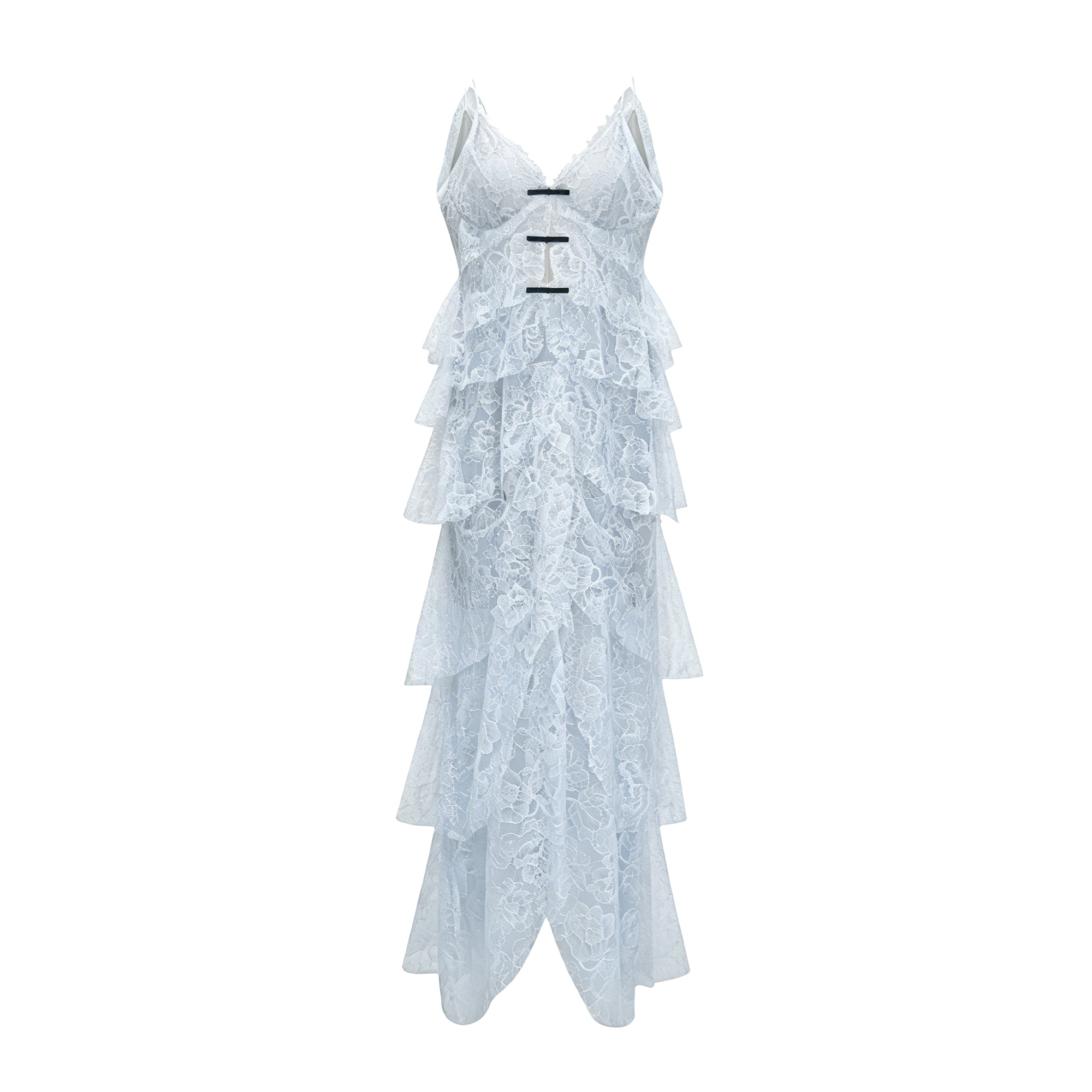 Atousa Blue Layered Floral Lace Maxi Dress with Bow