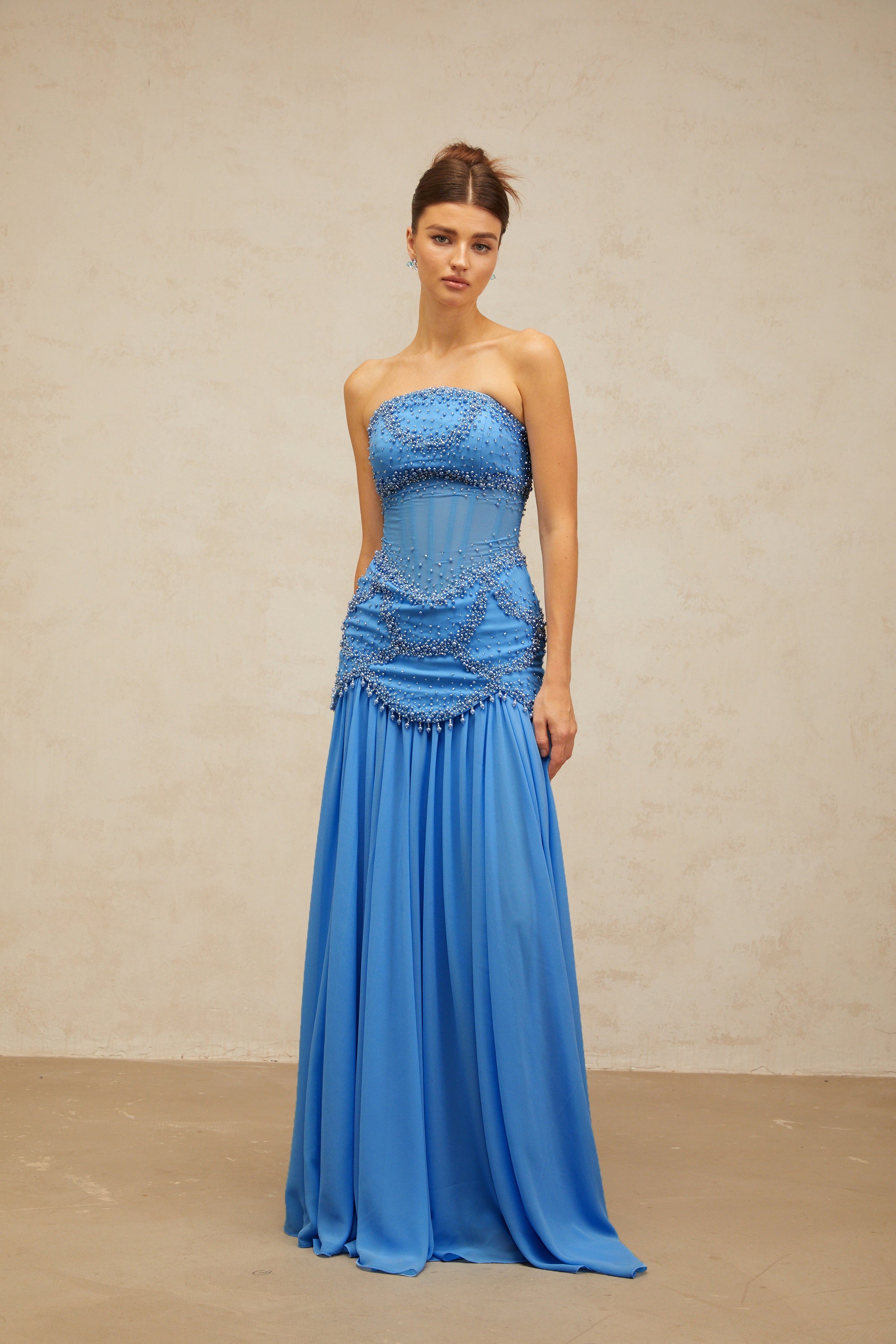 Gaëlle blue faux-pearl-embellished pleated maxi dress (Final Sale-US Only)