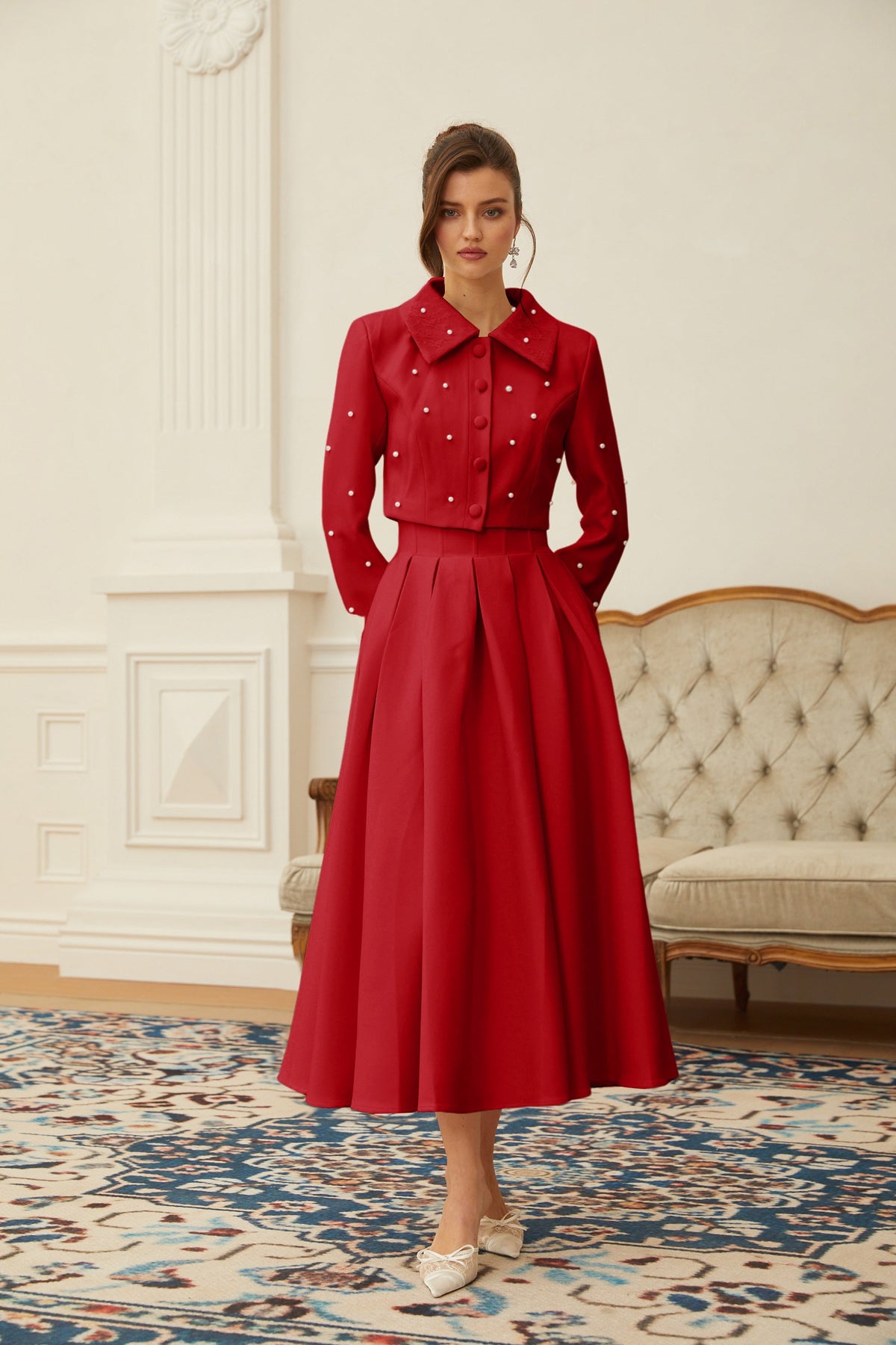 Maja Red Faux Pearl Jacket & Pleated Skirt Set