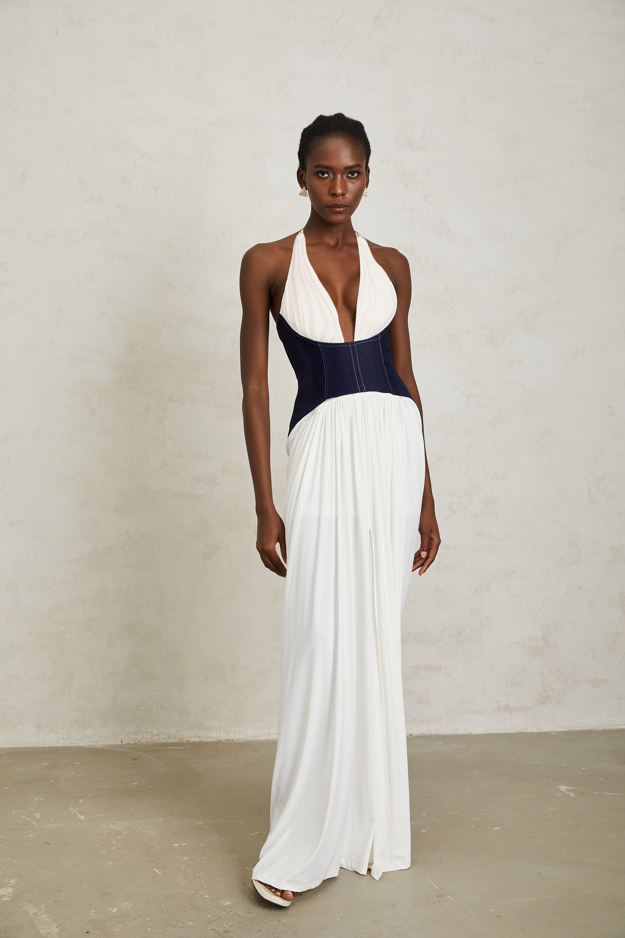 Airi White Halterneck Denim Panel Maxi Dress