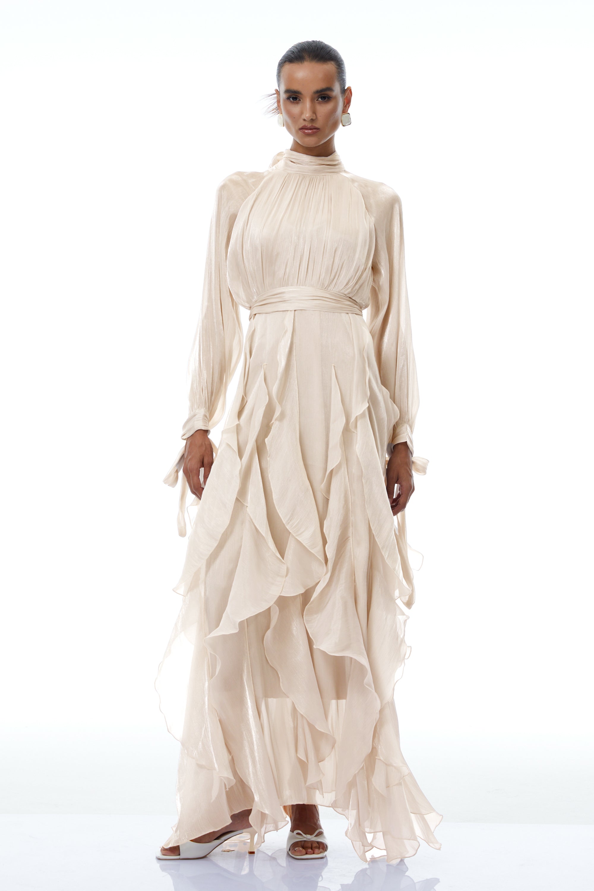 Zélie Neutral Glossy Pleated Ruffled Maxi dress (Final Sale-US Only)