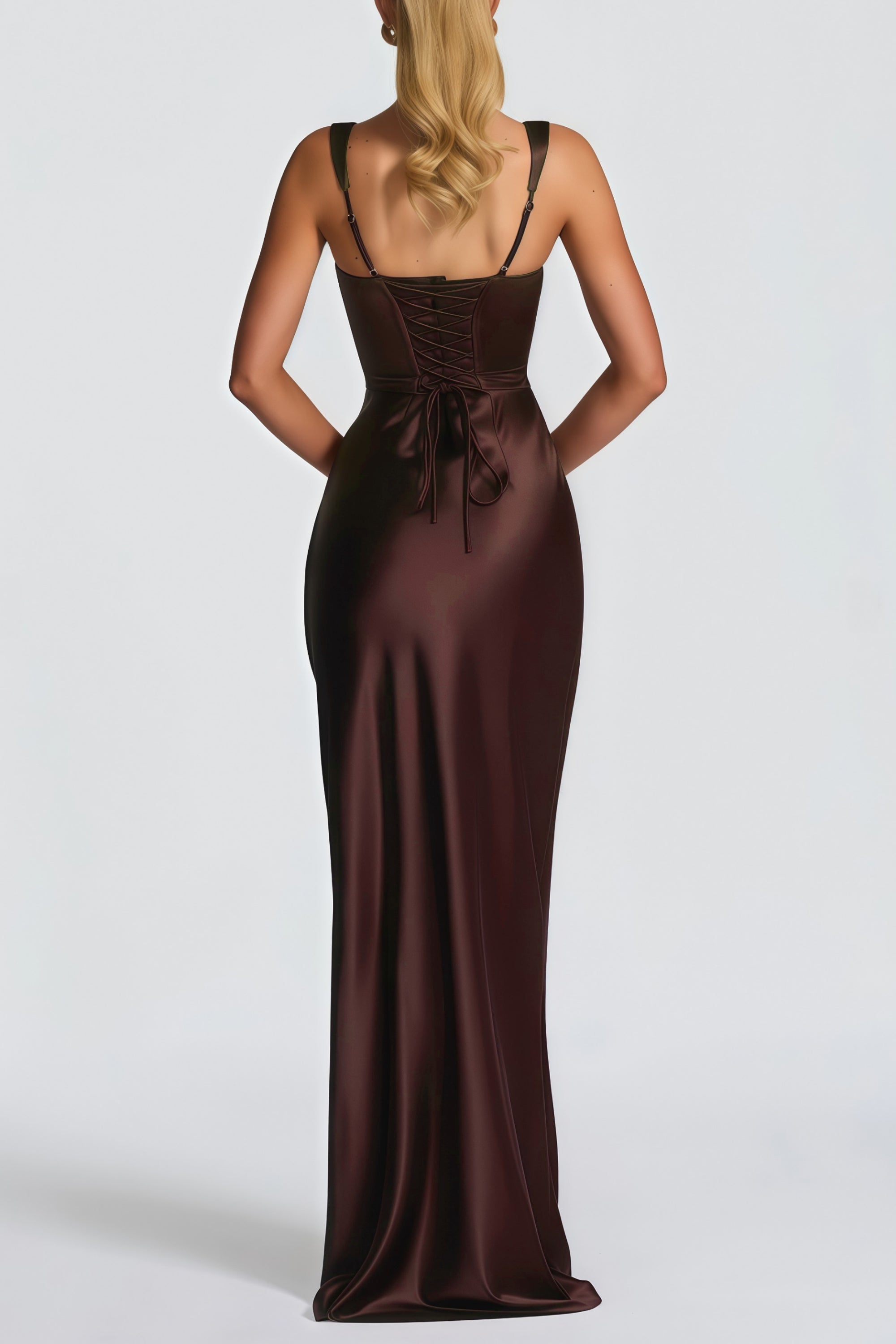 Inmaculada Brown Ruched Satin Maxi Dress