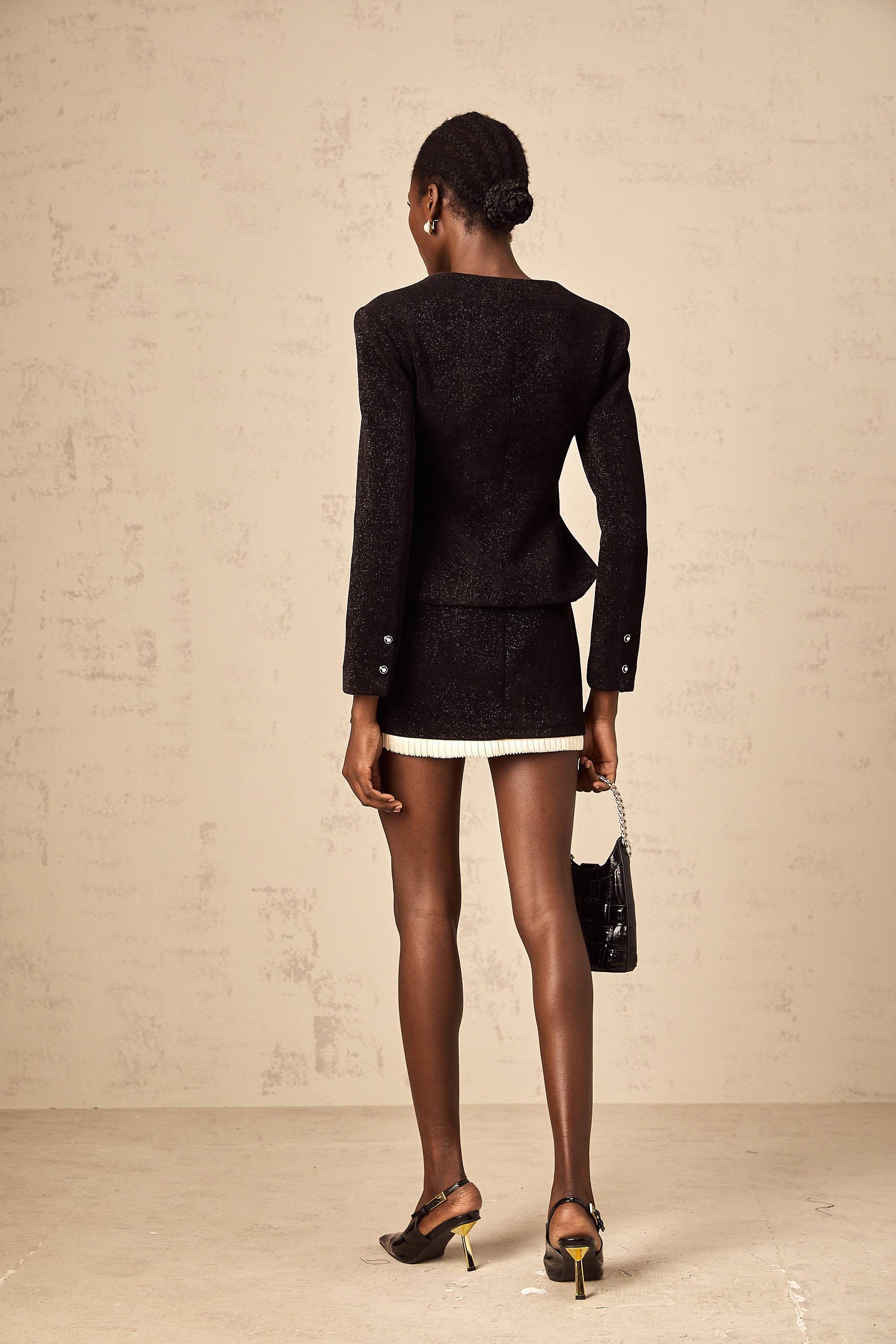 Hilaire black corduroy panelled top & skirt matching set