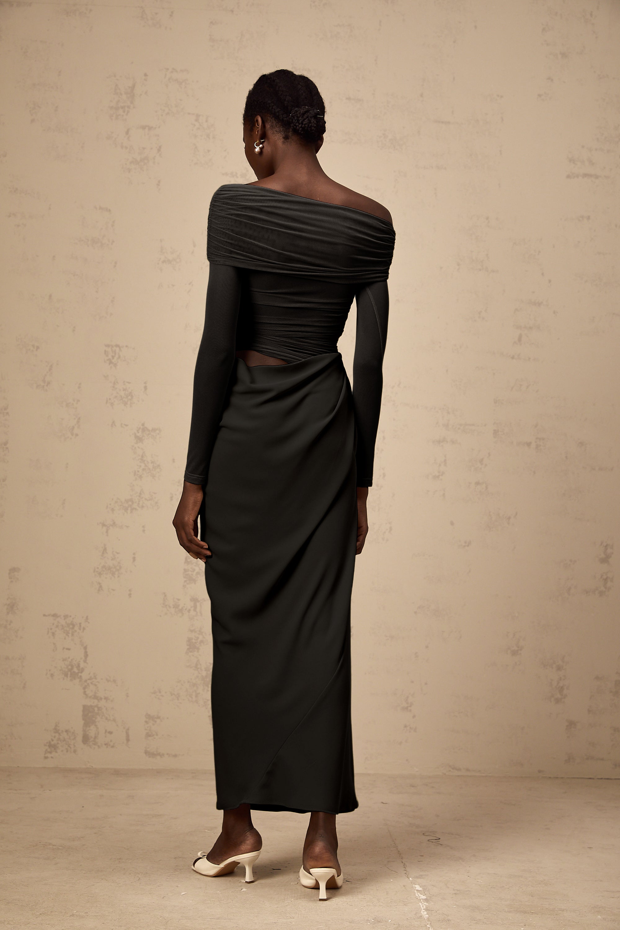 Estelle off-shoulder semi-sheer midi dress in Black (Final Sale)