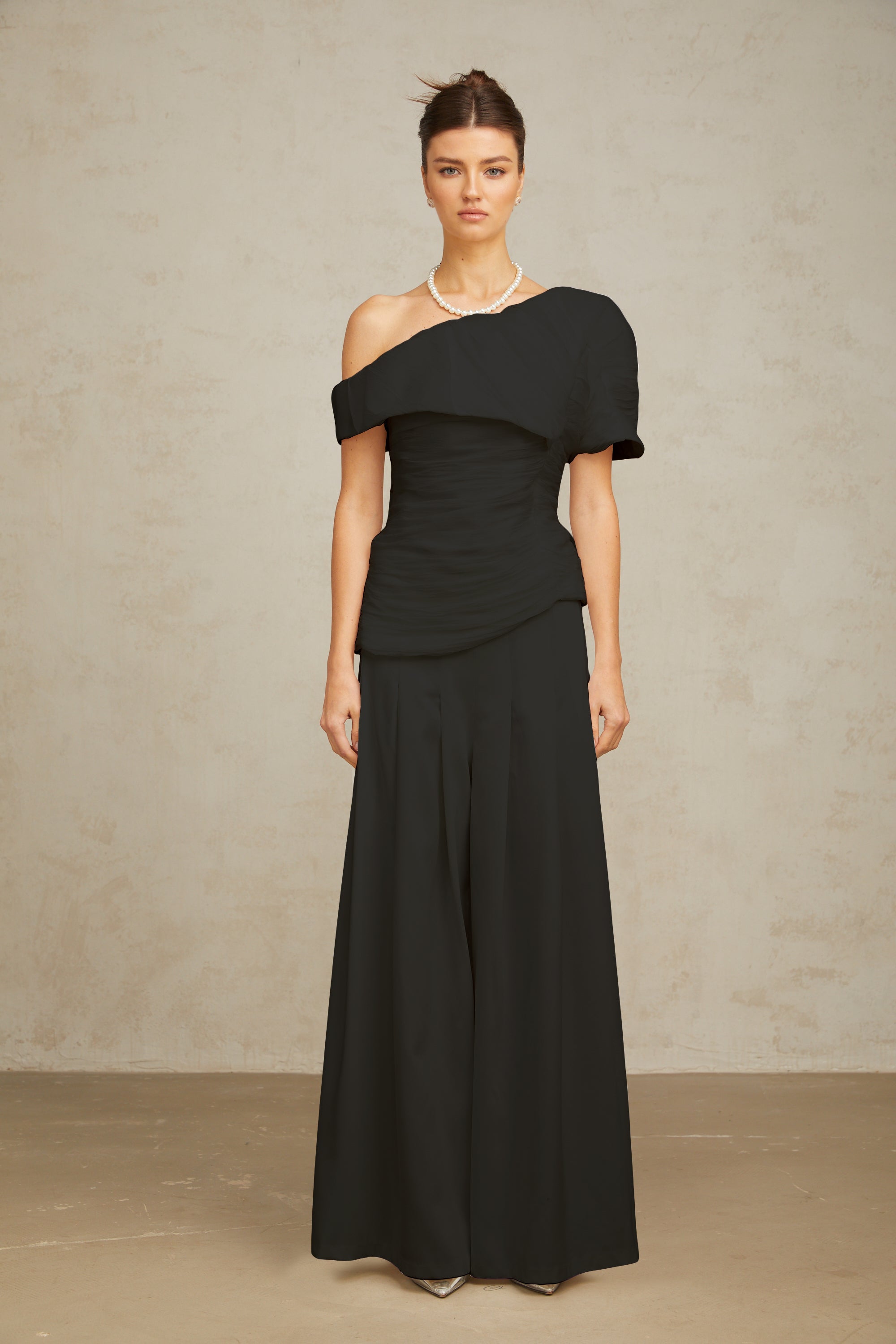 Adèle creased top & trousers matching set in Black