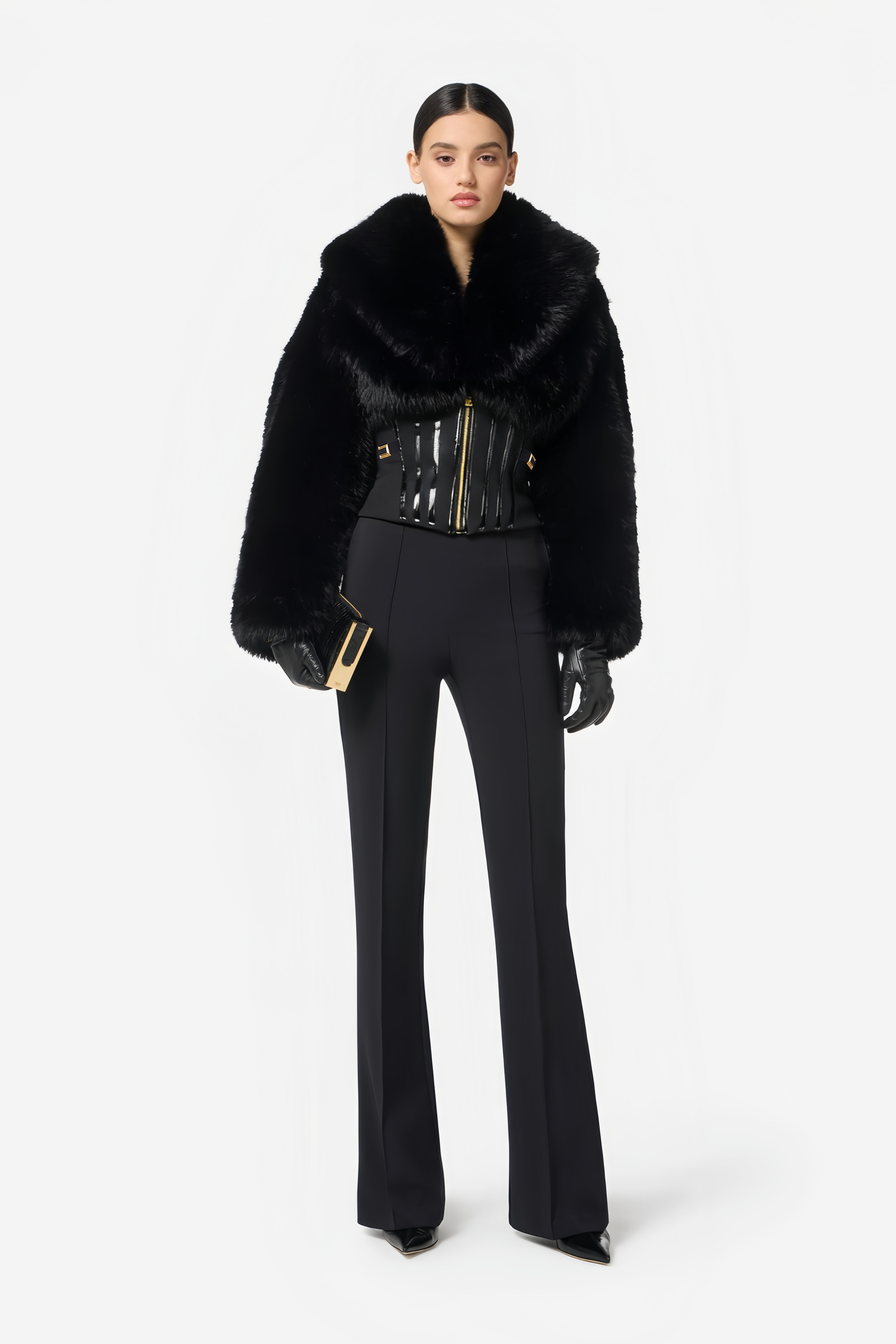 Alberta Black Faux-Fur Corset Panel Jacket