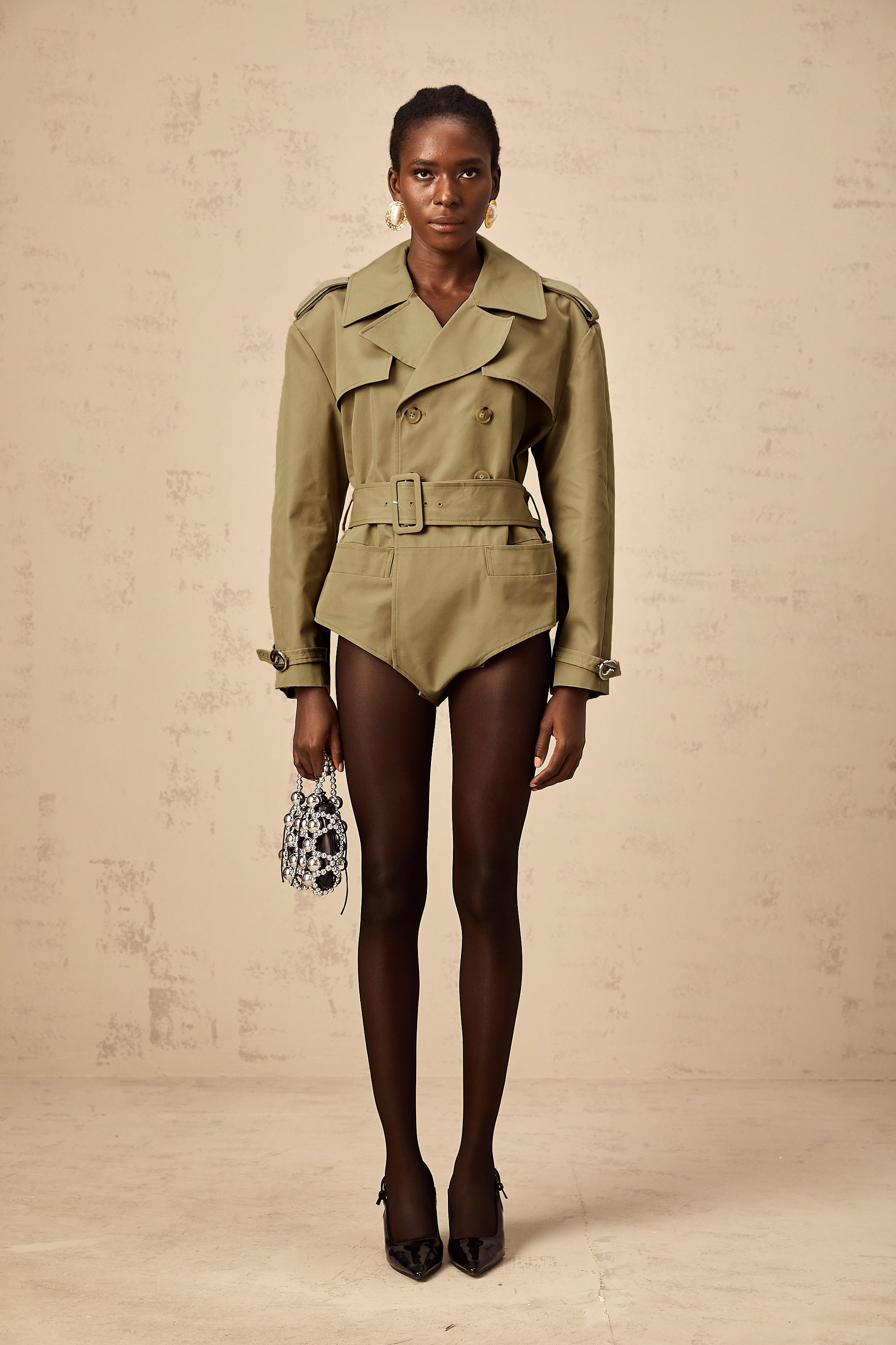 Chloe khaki double-breast belted bodysuit