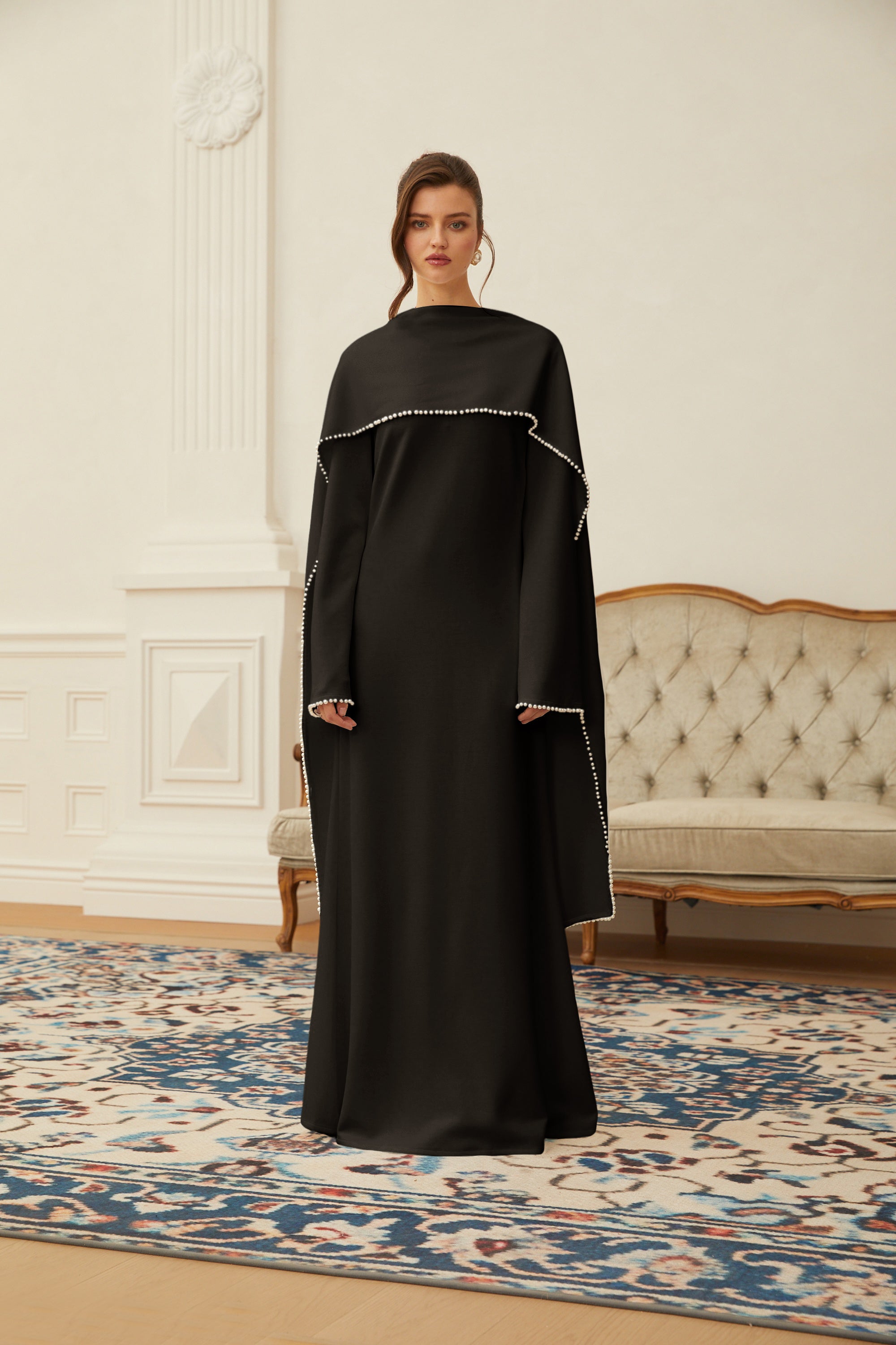 Piroska Black Pearl Trim Shawl Detail Maxi Dress