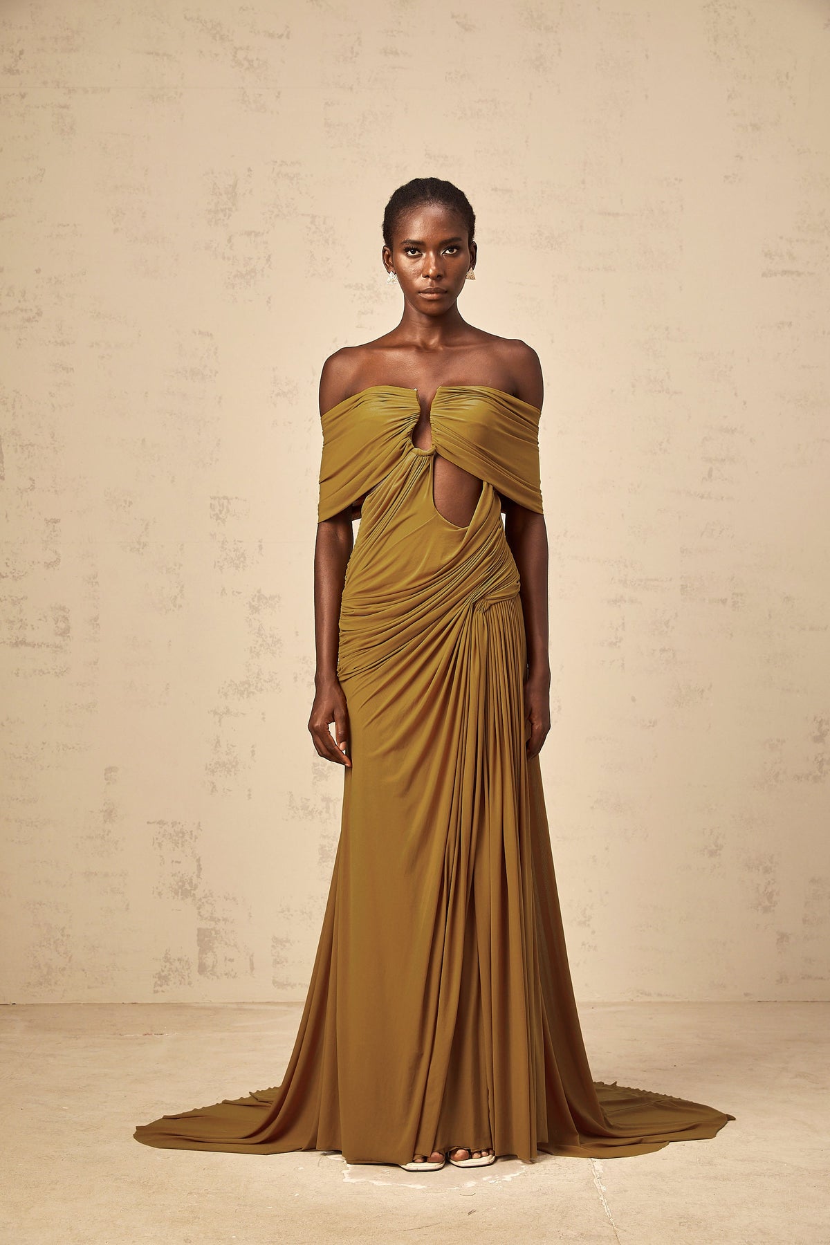 Ludivine ocher off-shoulder cut-out ruched maxi dress (Final Sale-US Only)