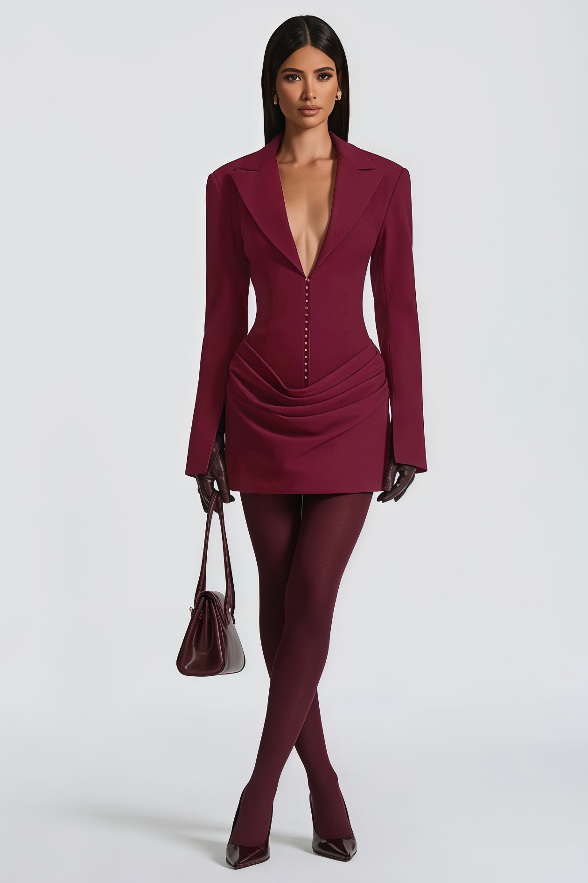 Rosette Burgundy Ruched Blazer Mini Dress (Final Sale-US Only)