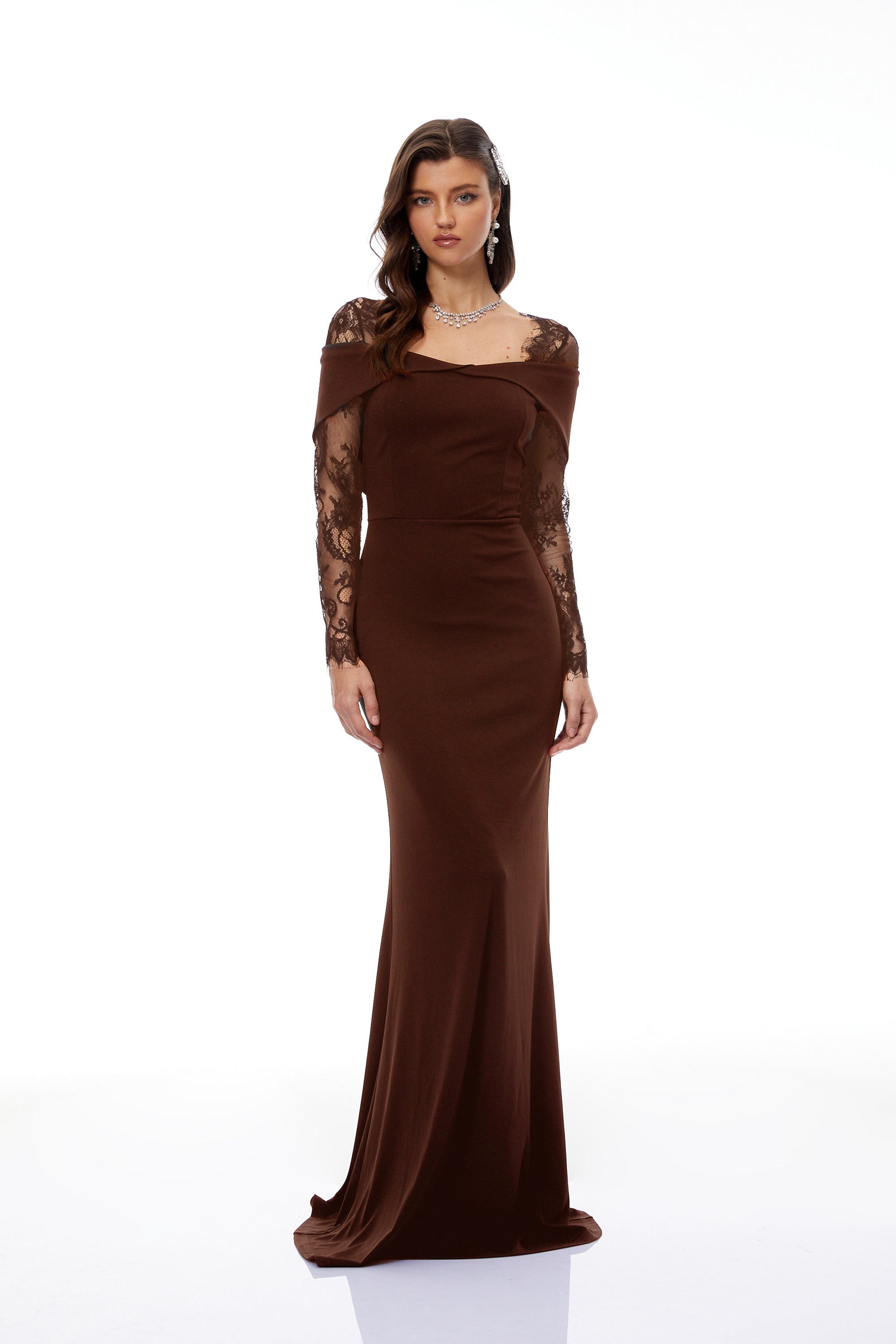 Georgiana Brown Lace Panel Flared Maxi Gown (Final Sale-US Only)