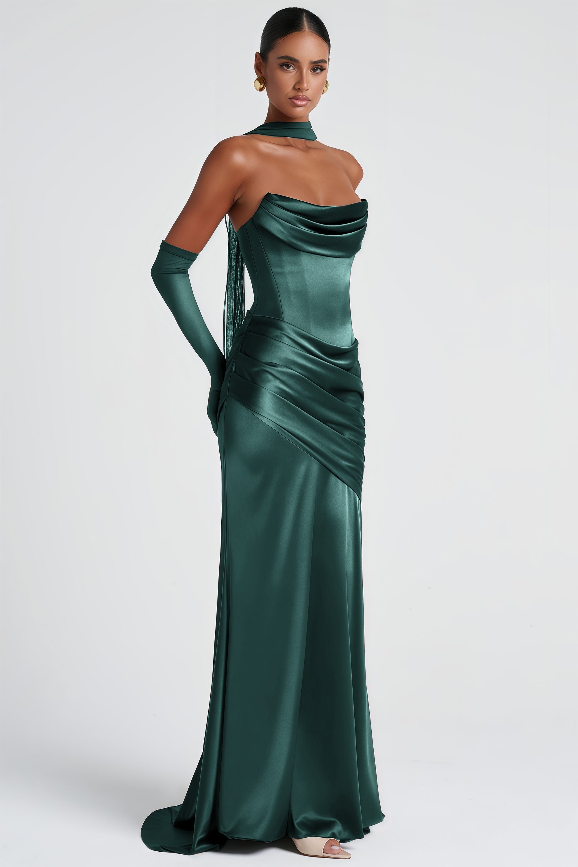 Marilou Green Ruched Satin Maxi Dress