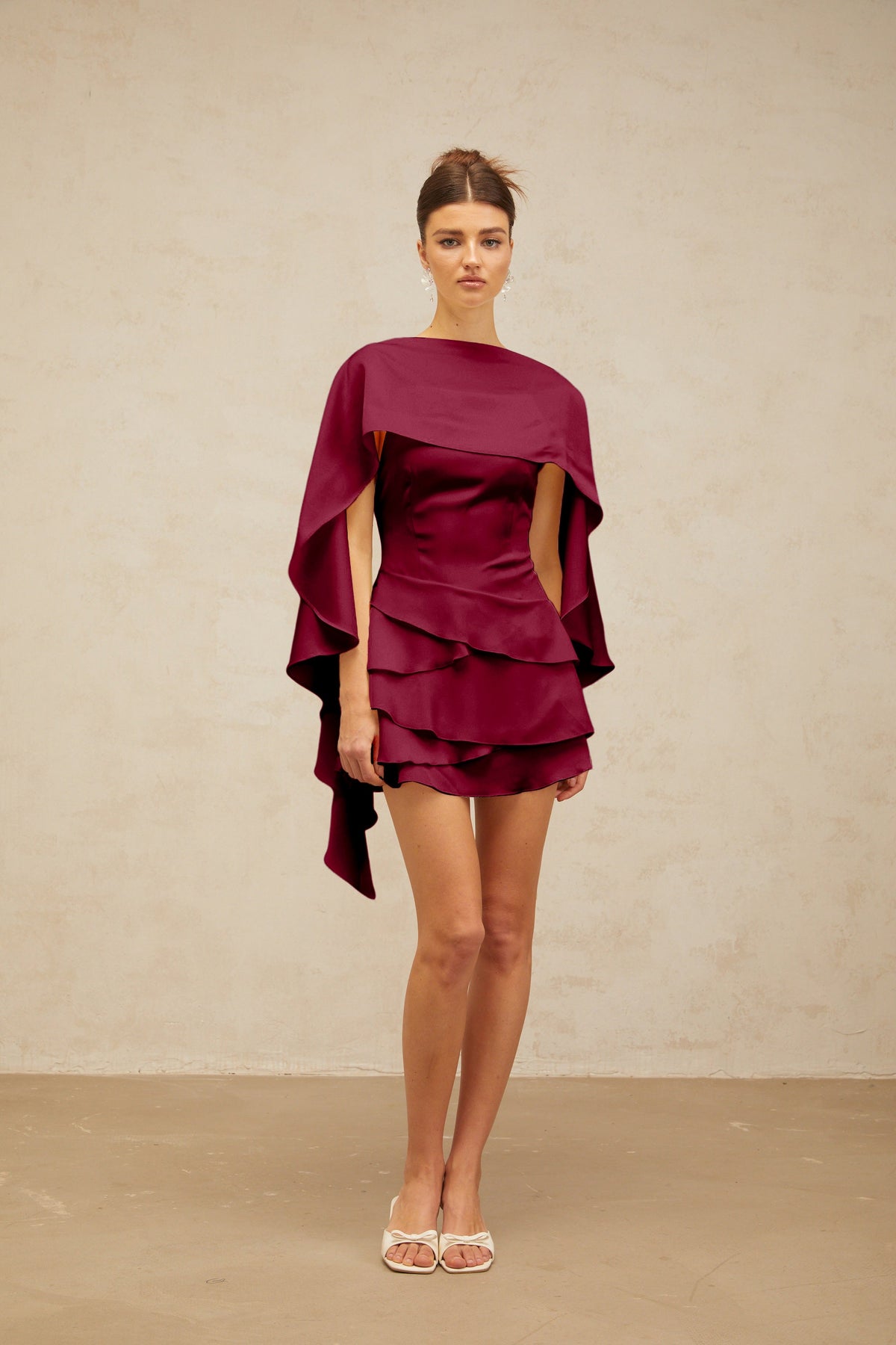 Lyna shawl-panel ruffled satin mini dress in Red (Final Sale)