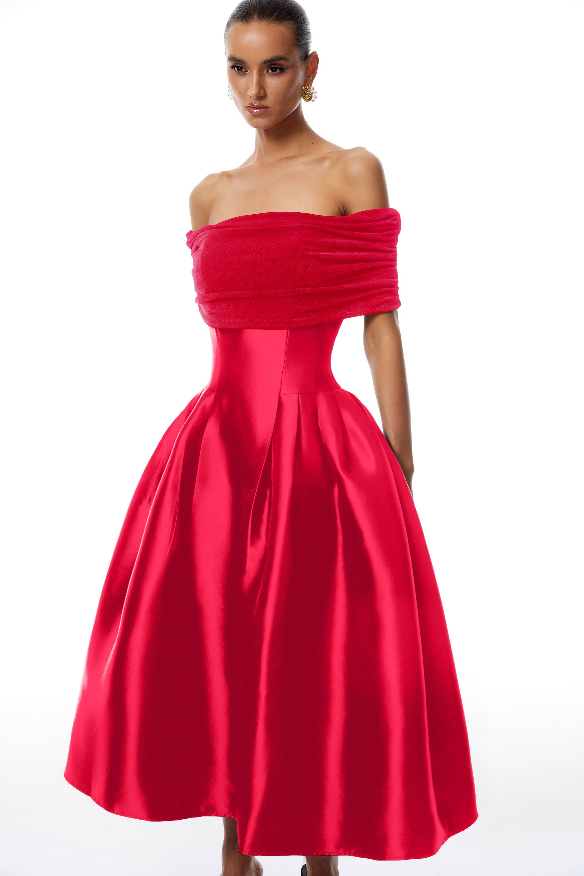 Ainara Red Off Shoulder Polished Midi Dress (Final Sale-US Only)