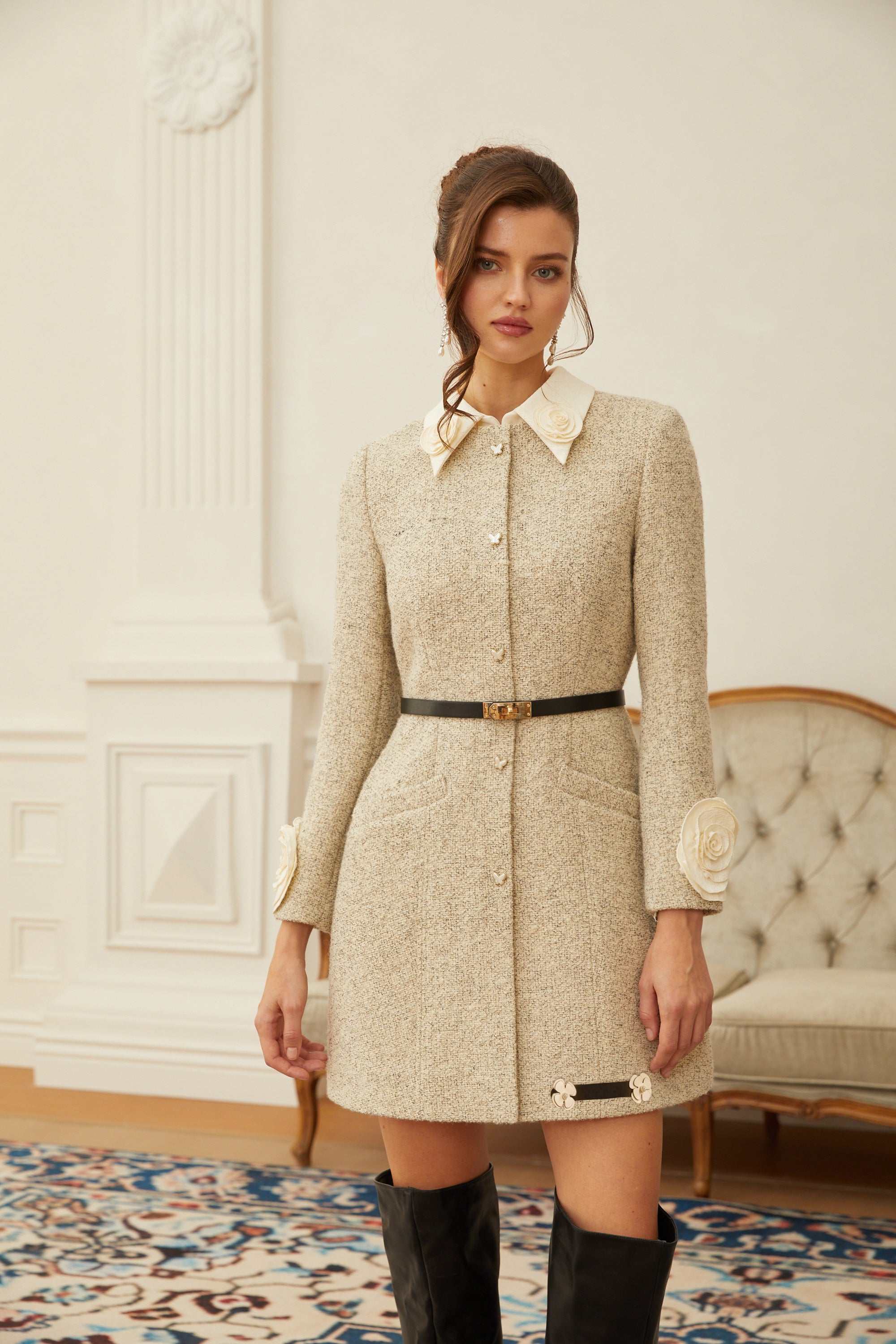 Élodie Neutral 3D Petal Tweed Mini Dress (Final Sale-US Only)