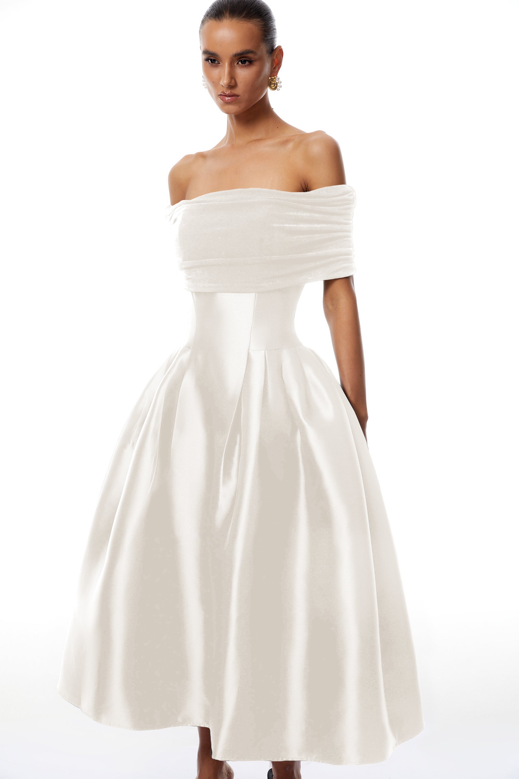 Ainara White Off Shoulder Polished Midi Dress (Final Sale-US Only)