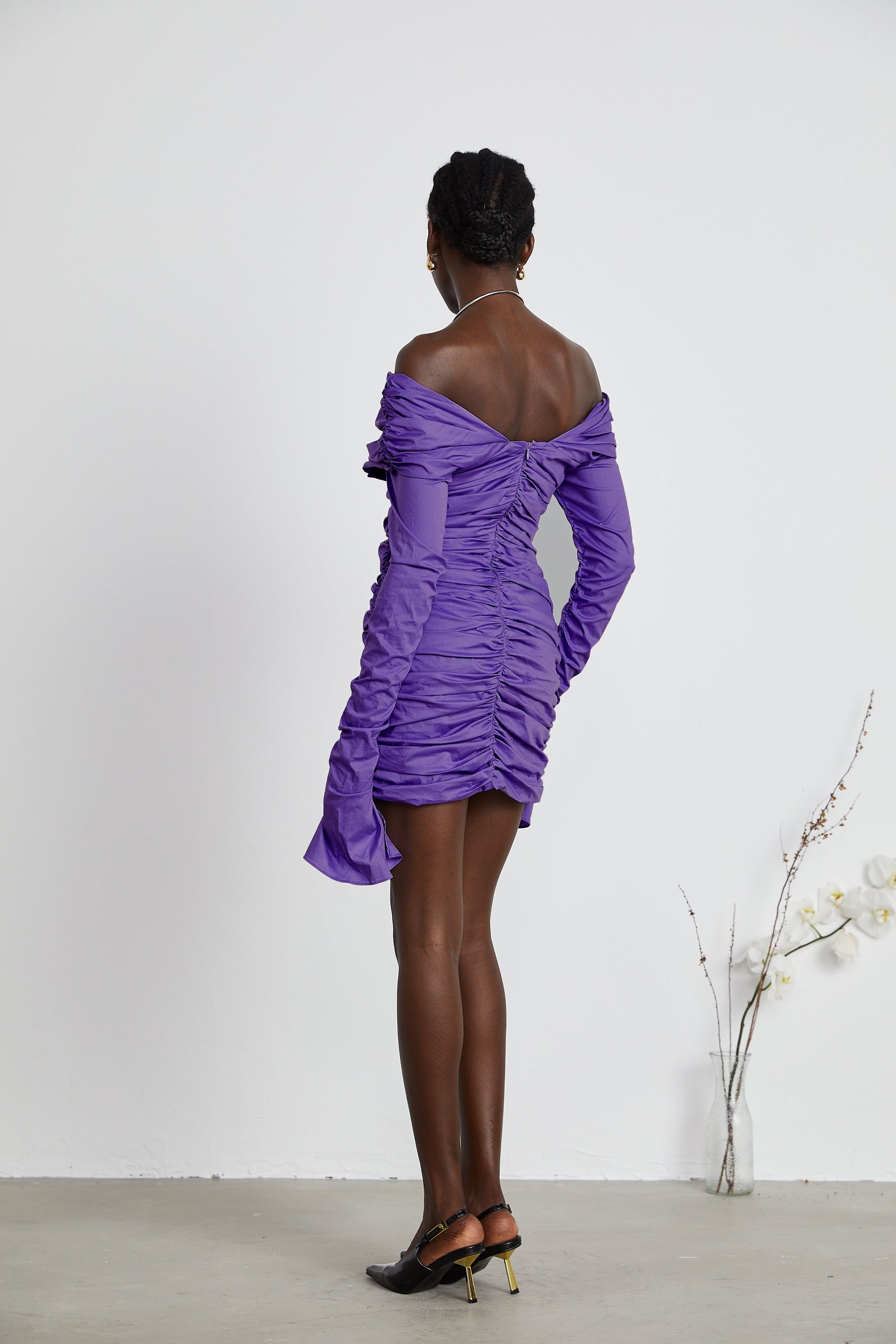 Apolline purple off-shoulder ruched mini dress (Final Sale-US Only)