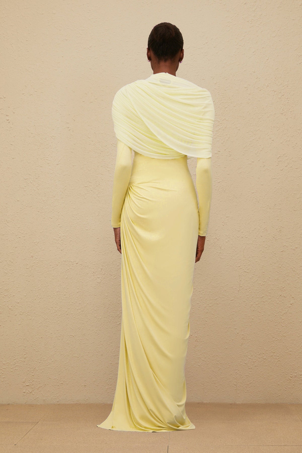 Catherine Yellow Asymmetrical Pleated Long-Sleeve Maxi Dress (Final Sale-US Only)