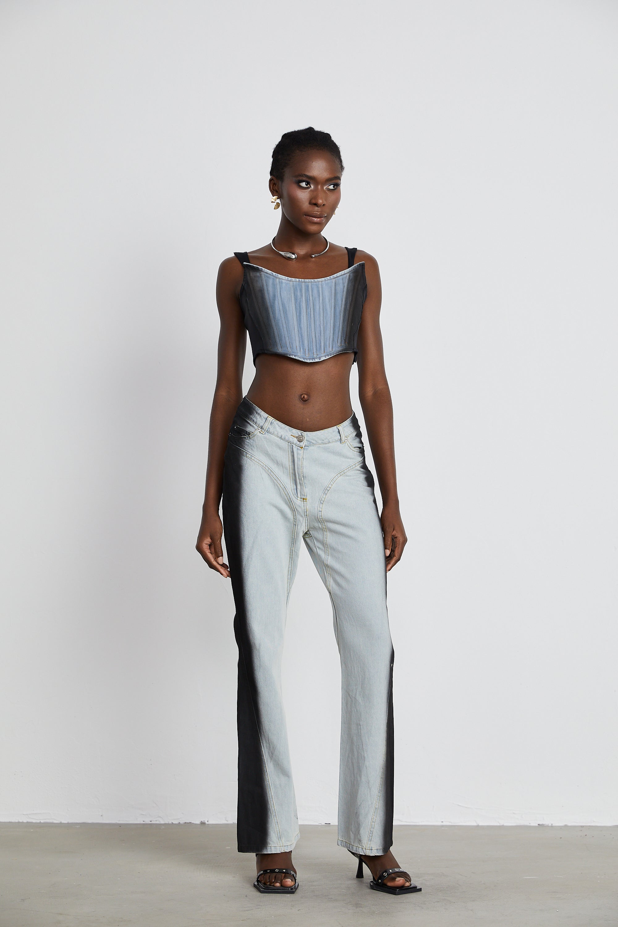 Manon two-tone denim cropped top