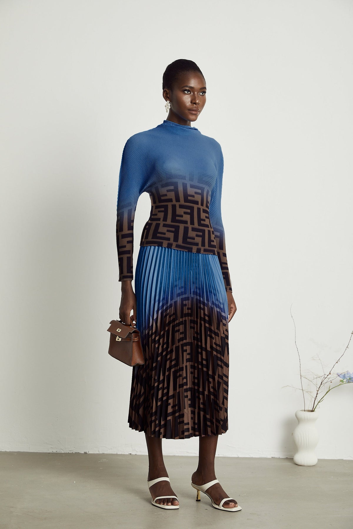 Désirée Color Block Pleated Top & Skirt Matching Set in Dark Blue