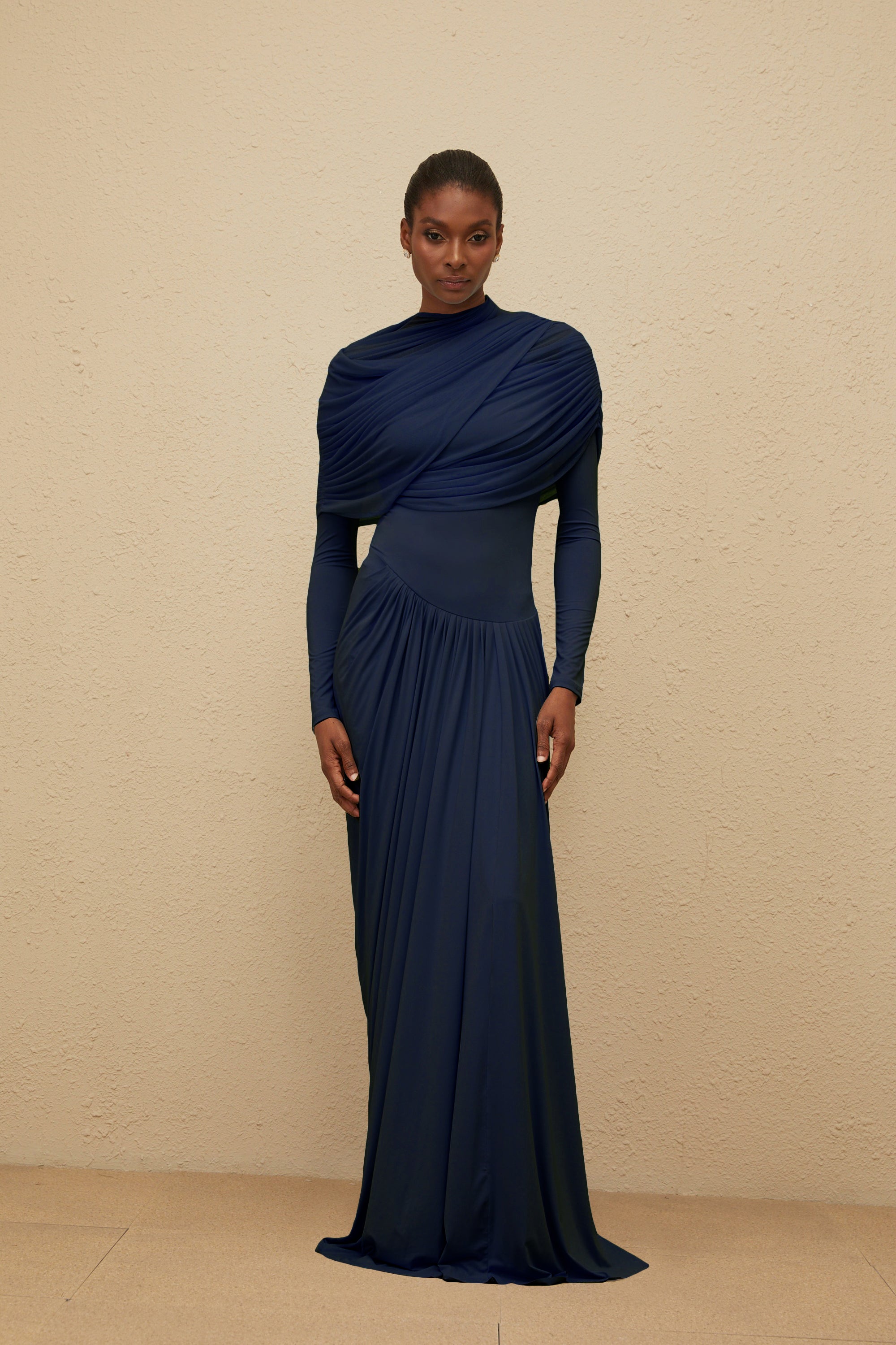 Catherine Navy-Blue Asymmetrical Pleated Long-Sleeve Maxi Dress
