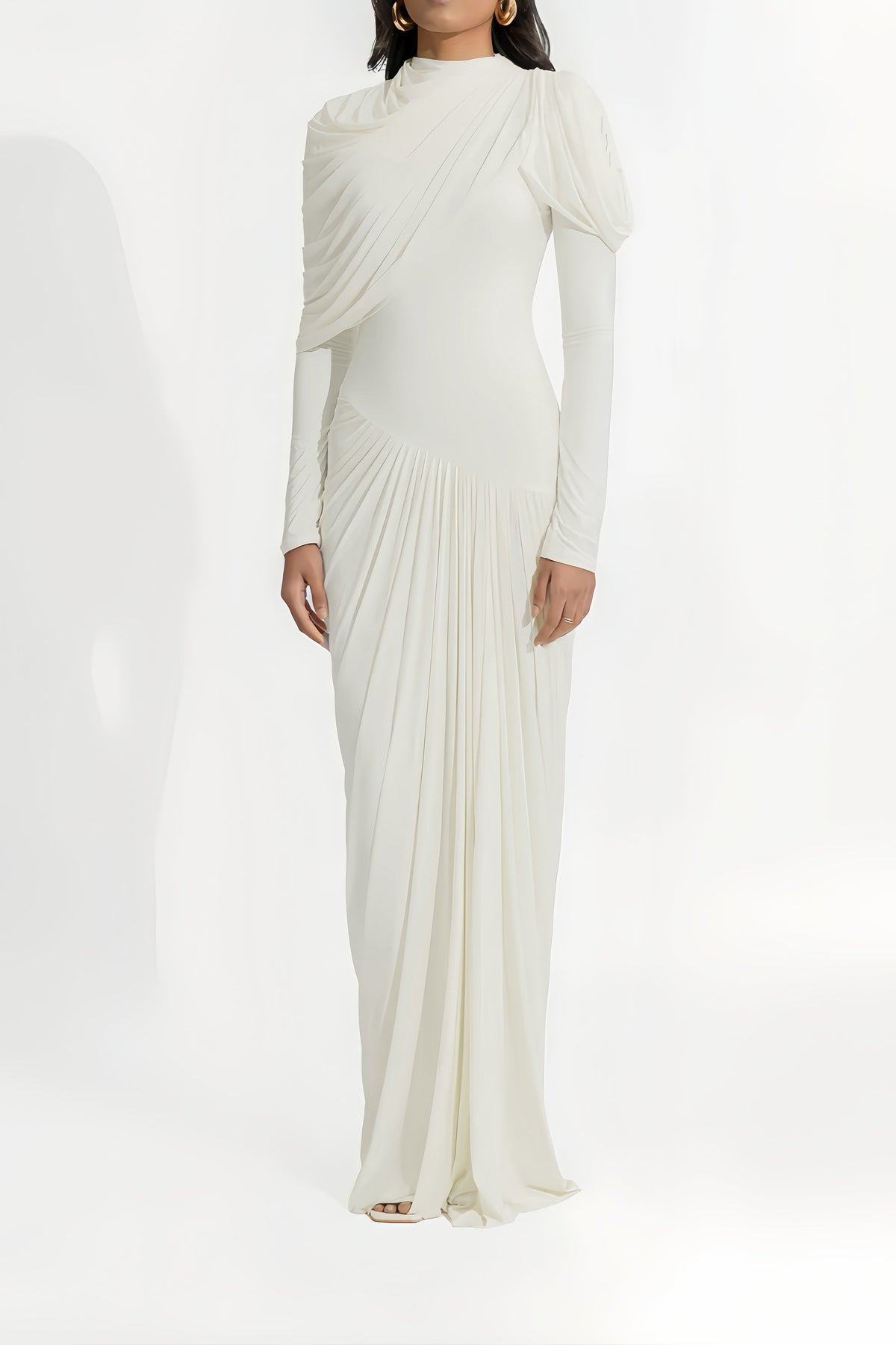 Bronwyn White Draped Pleated Asymmetrical Maxi Dress