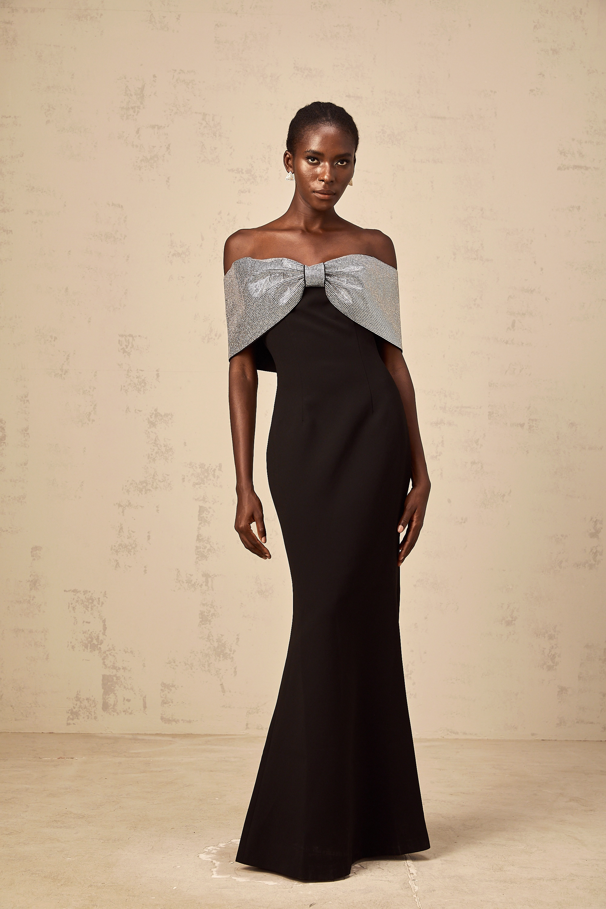 Chloé black rhinestone-bow off-shoulder maxi dress