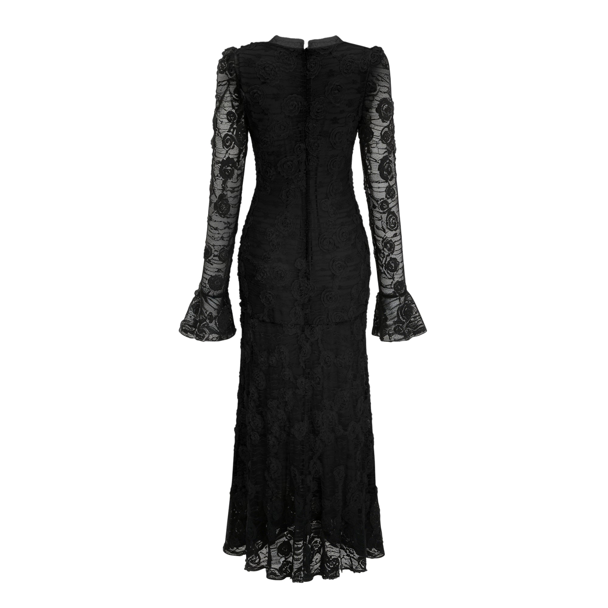 Branwen Black 3D-Floral Embroidered Lace Maxi Dress
