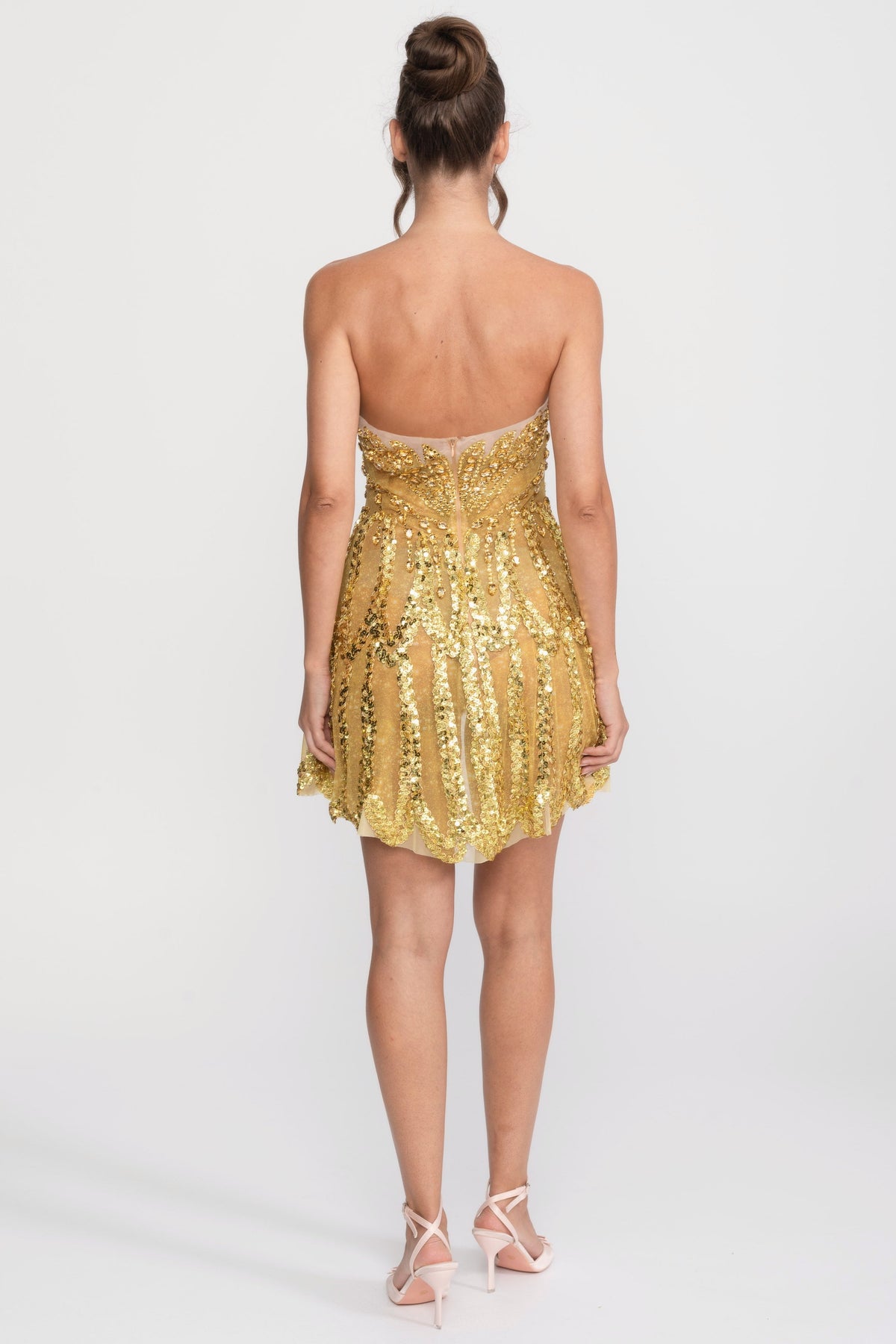 Jeweled Fit-and-Flare Mini Dress With Sweetheart Neckline - Gold