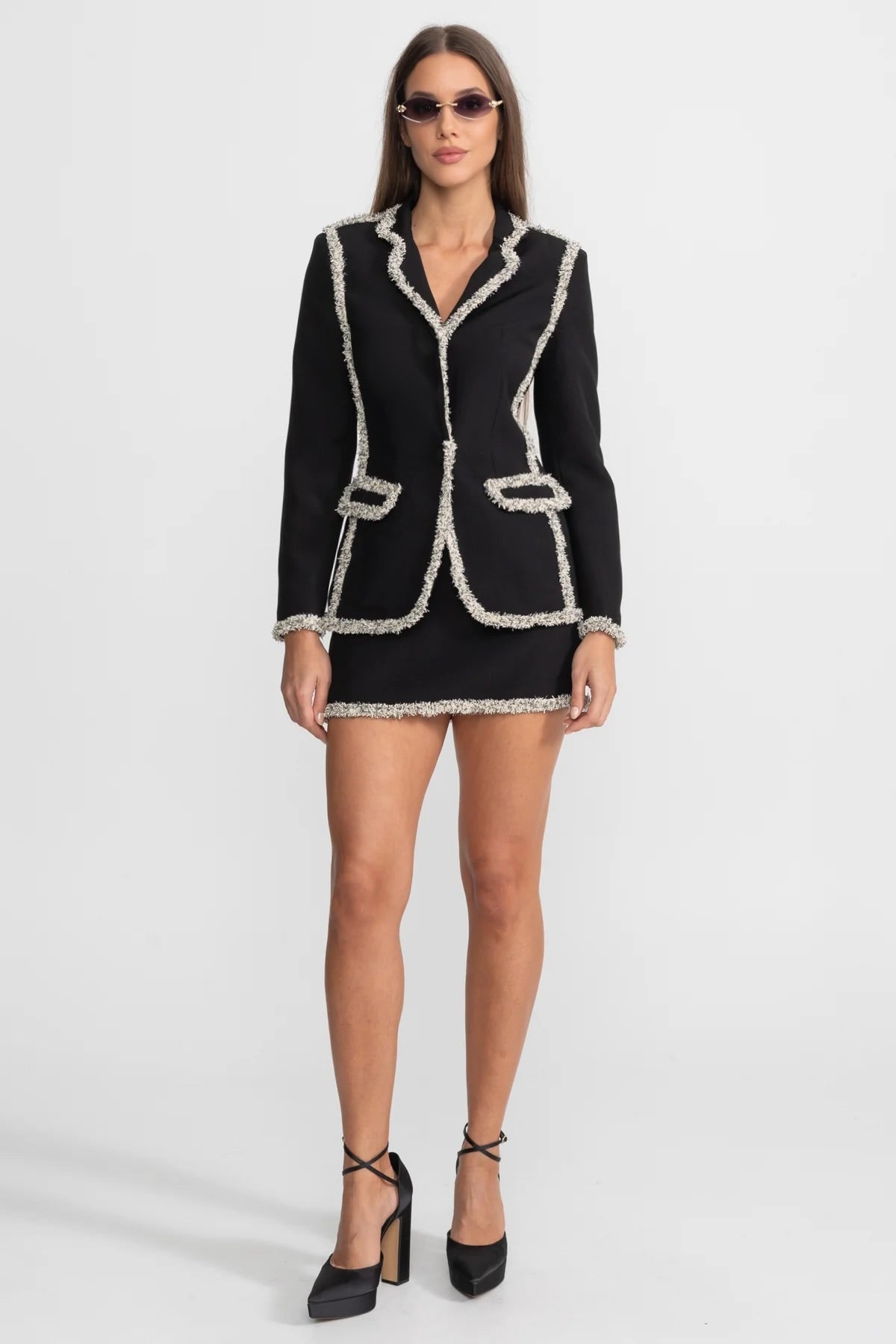 Oriane Black Tweed Set With Sparkling Trim Blazer And Matching Mini Skirt