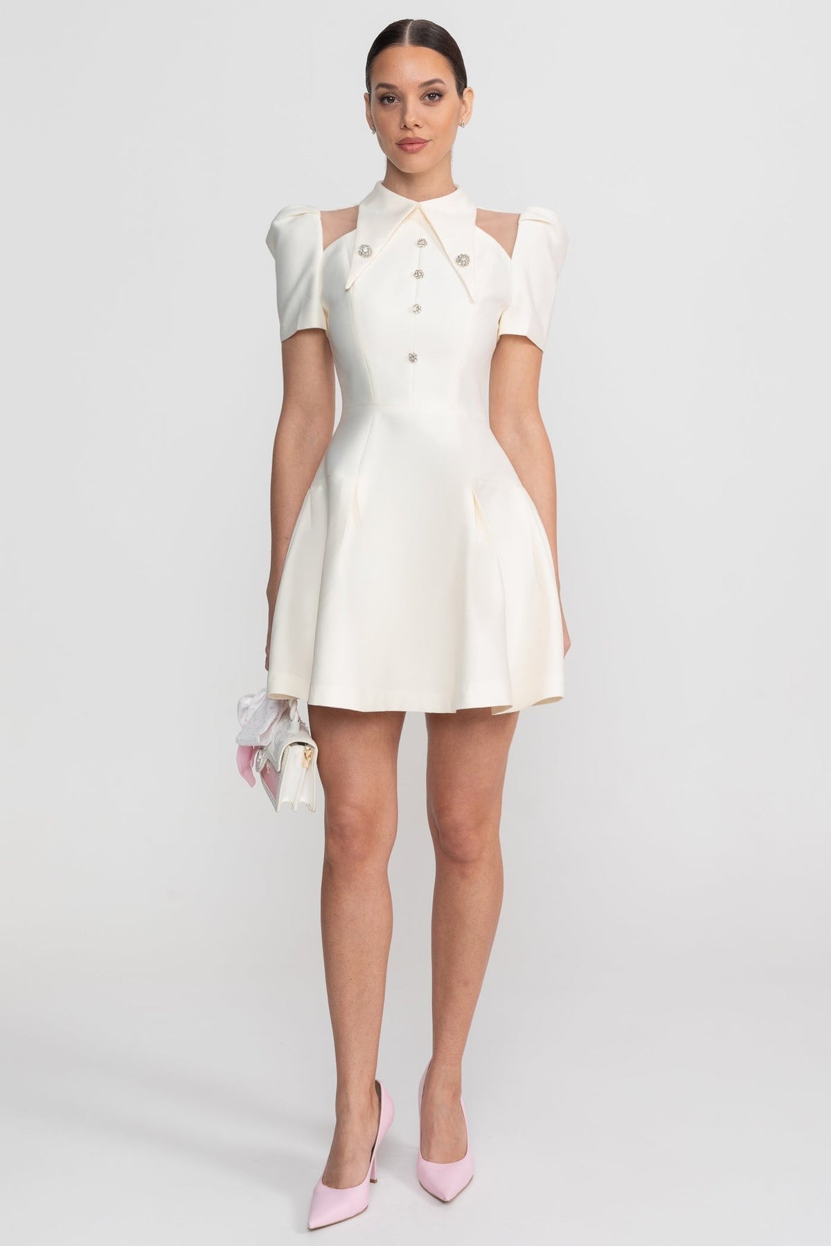 Puff Sleeve Mini Dress With Pointed Collar And Crystal Button Front - Ivoire