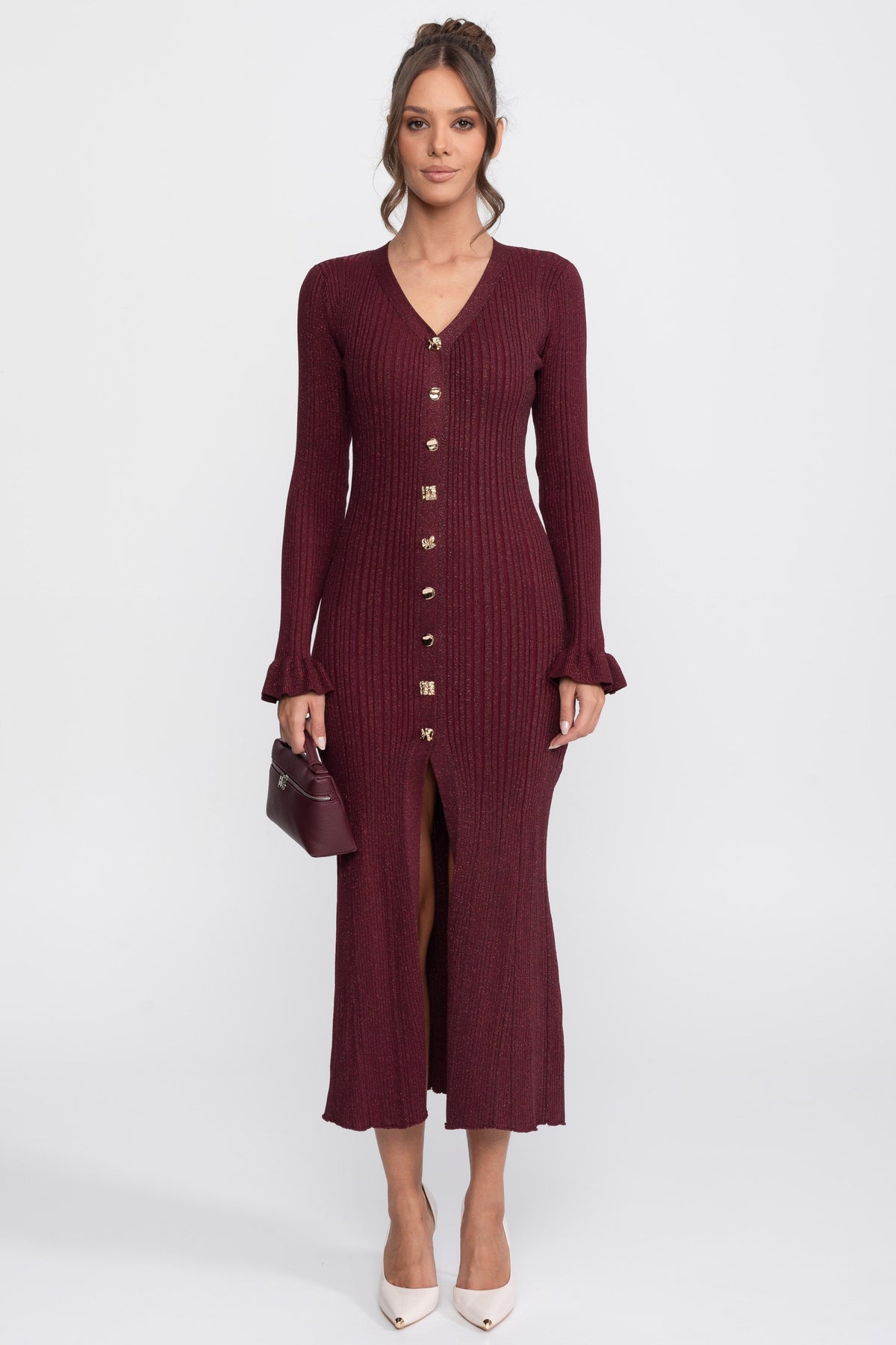 Sixtine Burgundy V-Neck Button-Front Ribbed Knit Maxi Dress With Ruffle Cuffs