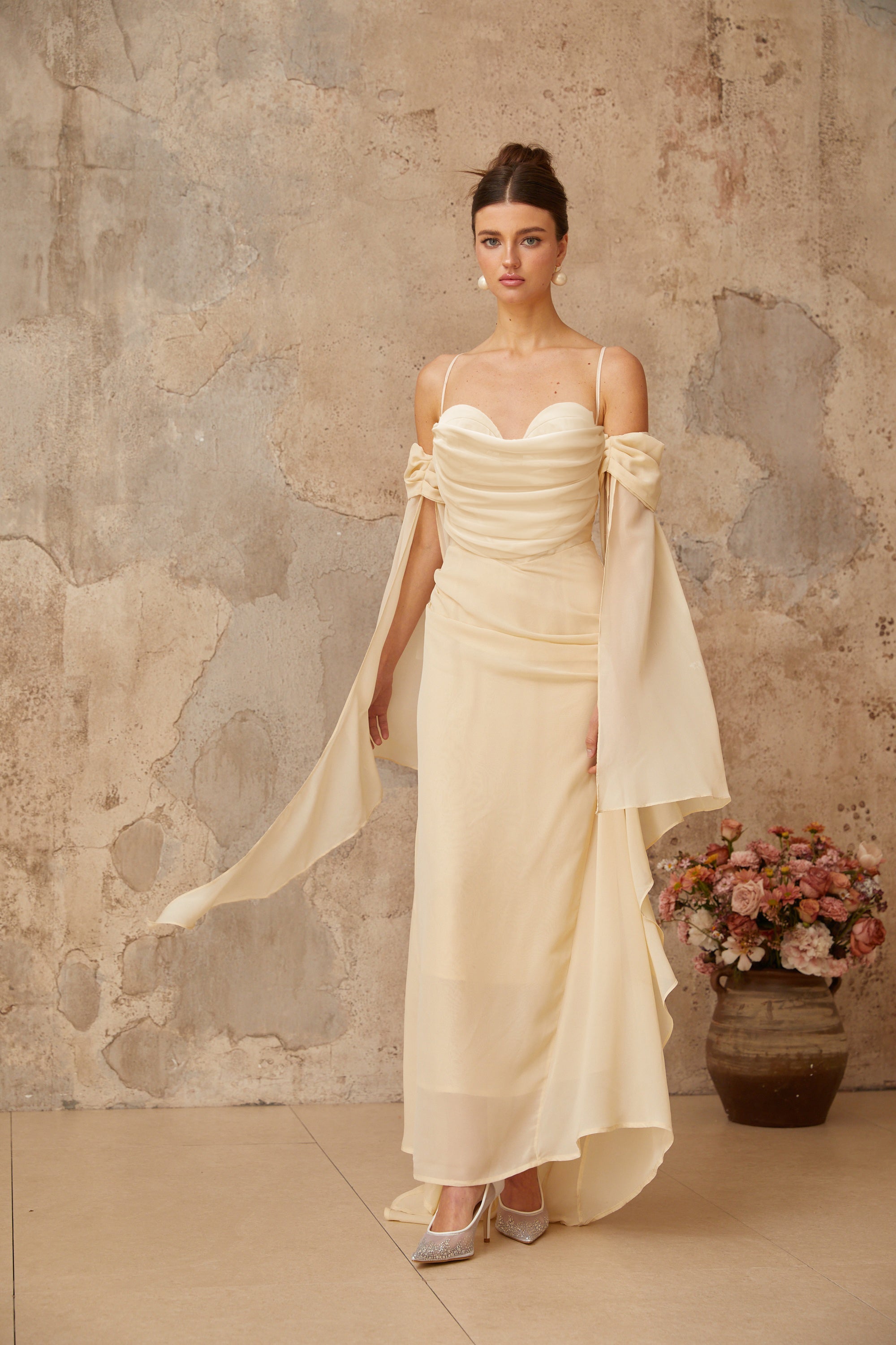 Mélusine Neutral Ruched Chiffon Maxi Dress