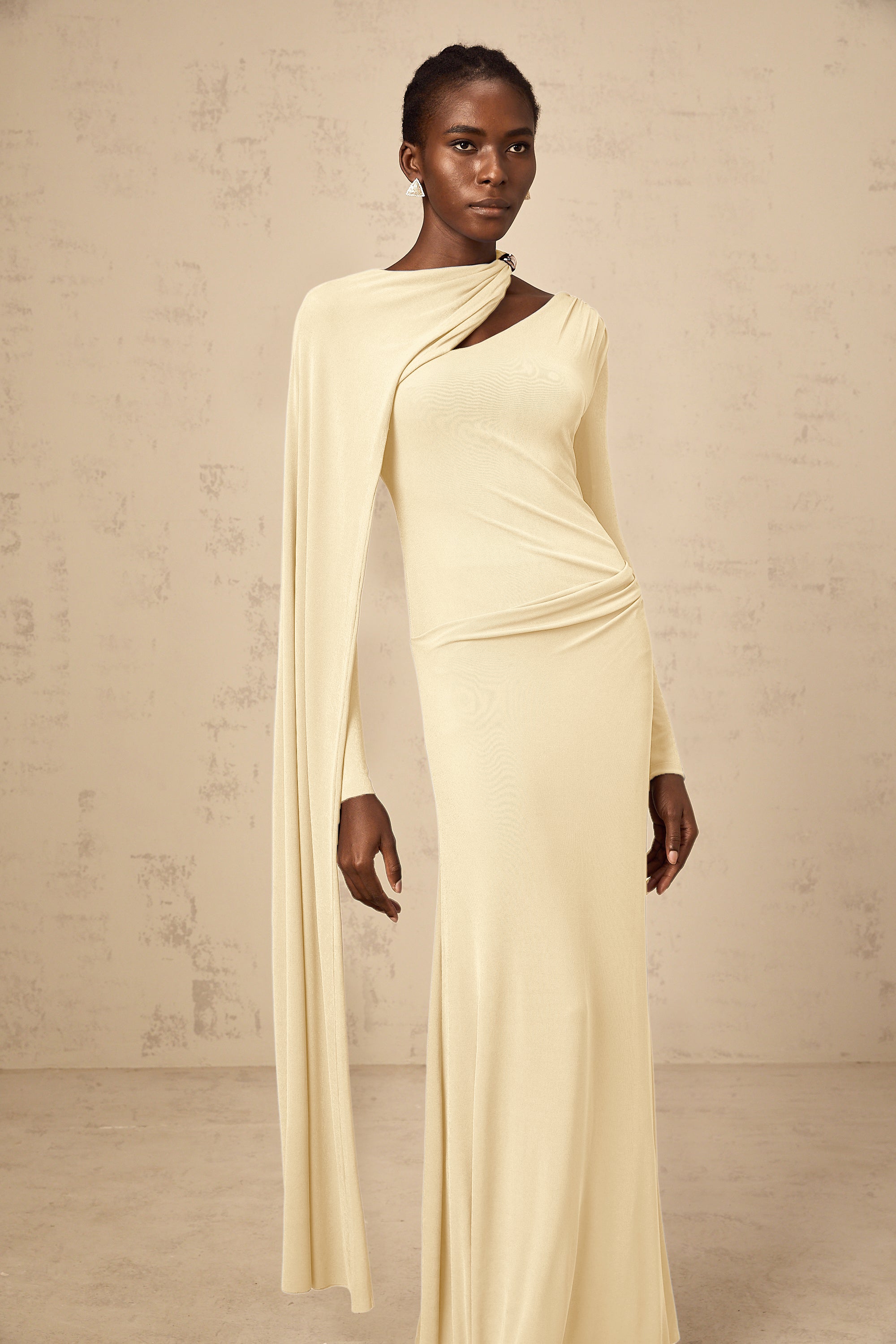 Josette Yellow Diagonal Shawl Fitted Maxi Dress