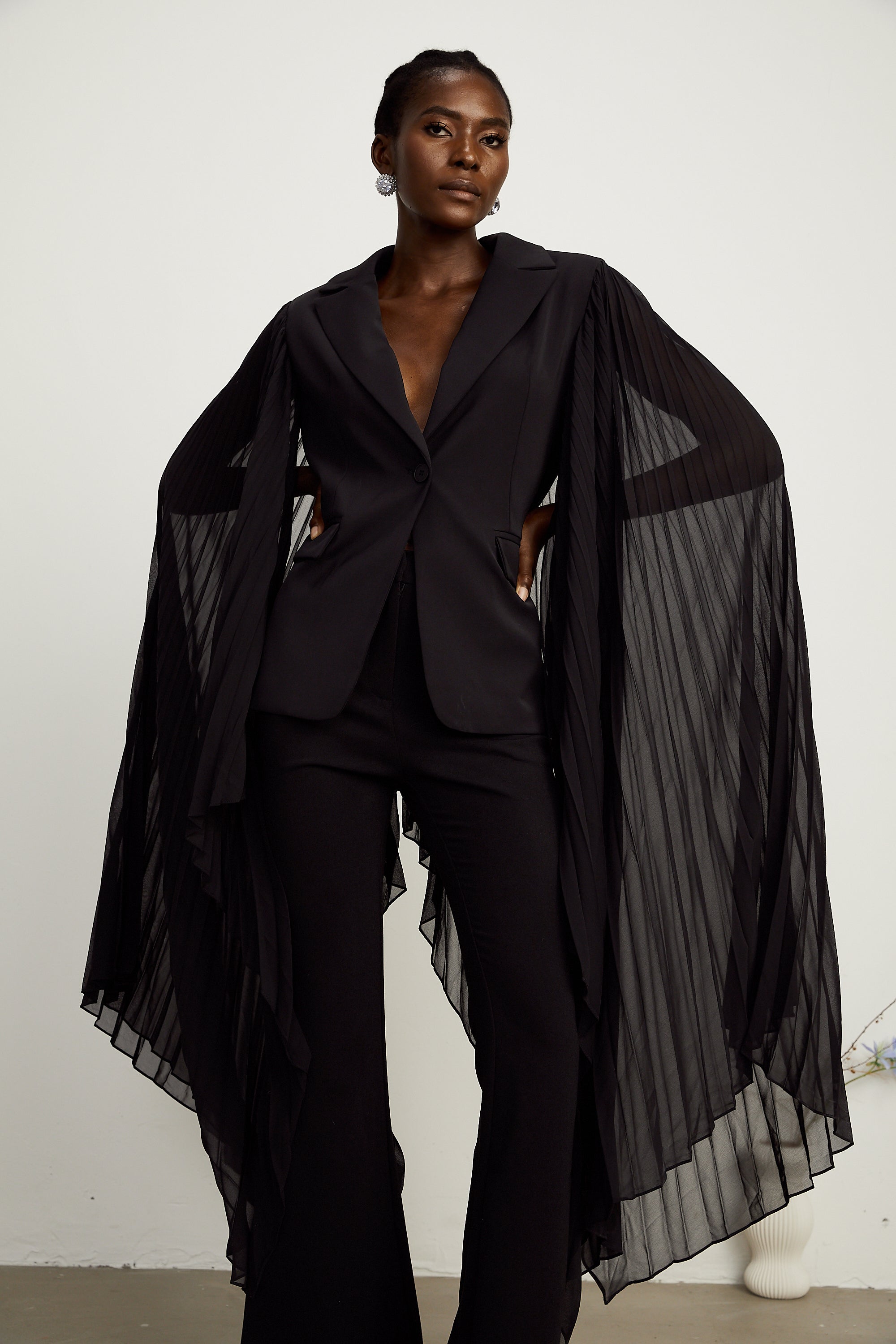 Justine black tulle-panel flared-sleeve blazer (Final Sale-US Only)