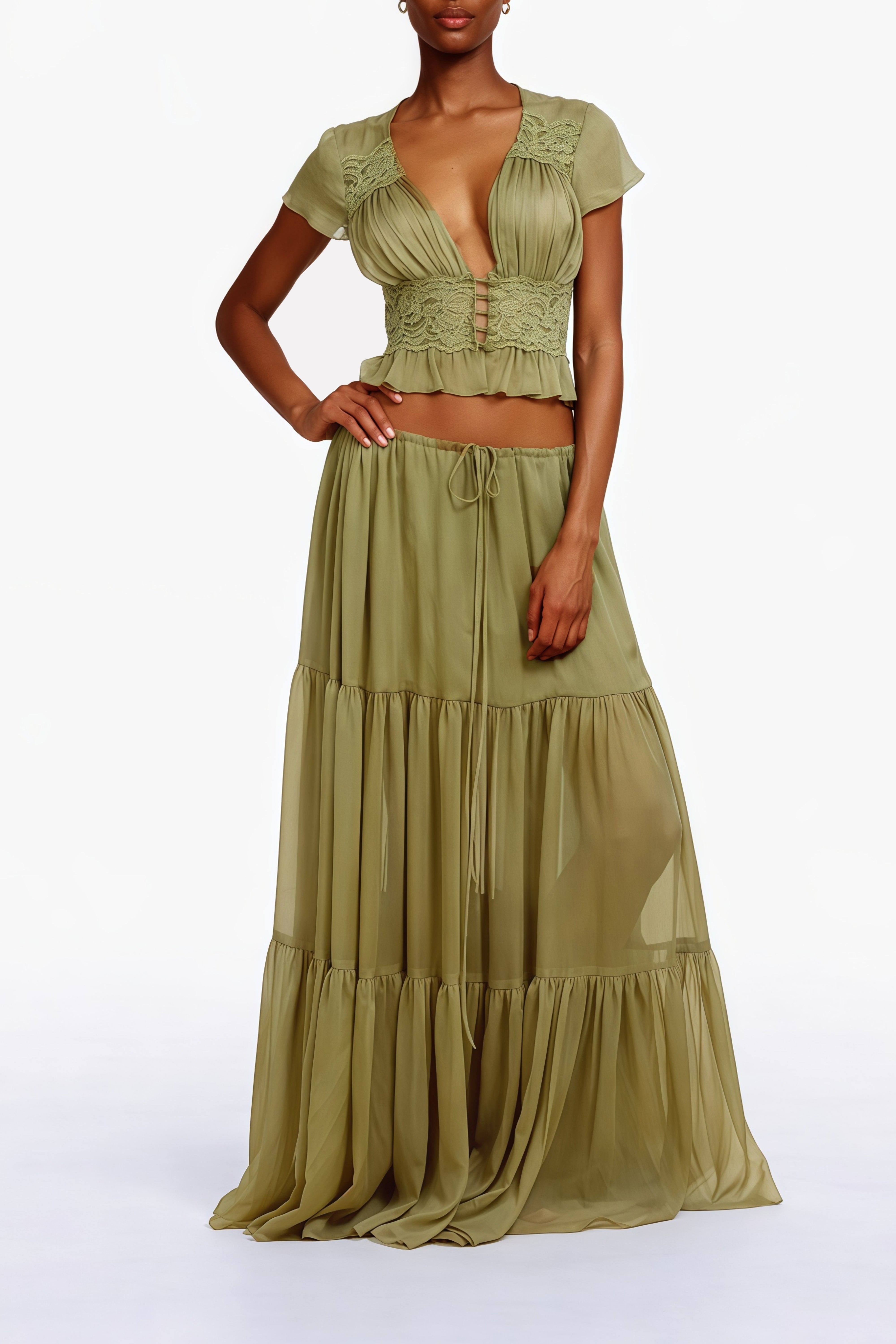 Pleiade Green Floral Lace Chiffon Top & Skirt Set