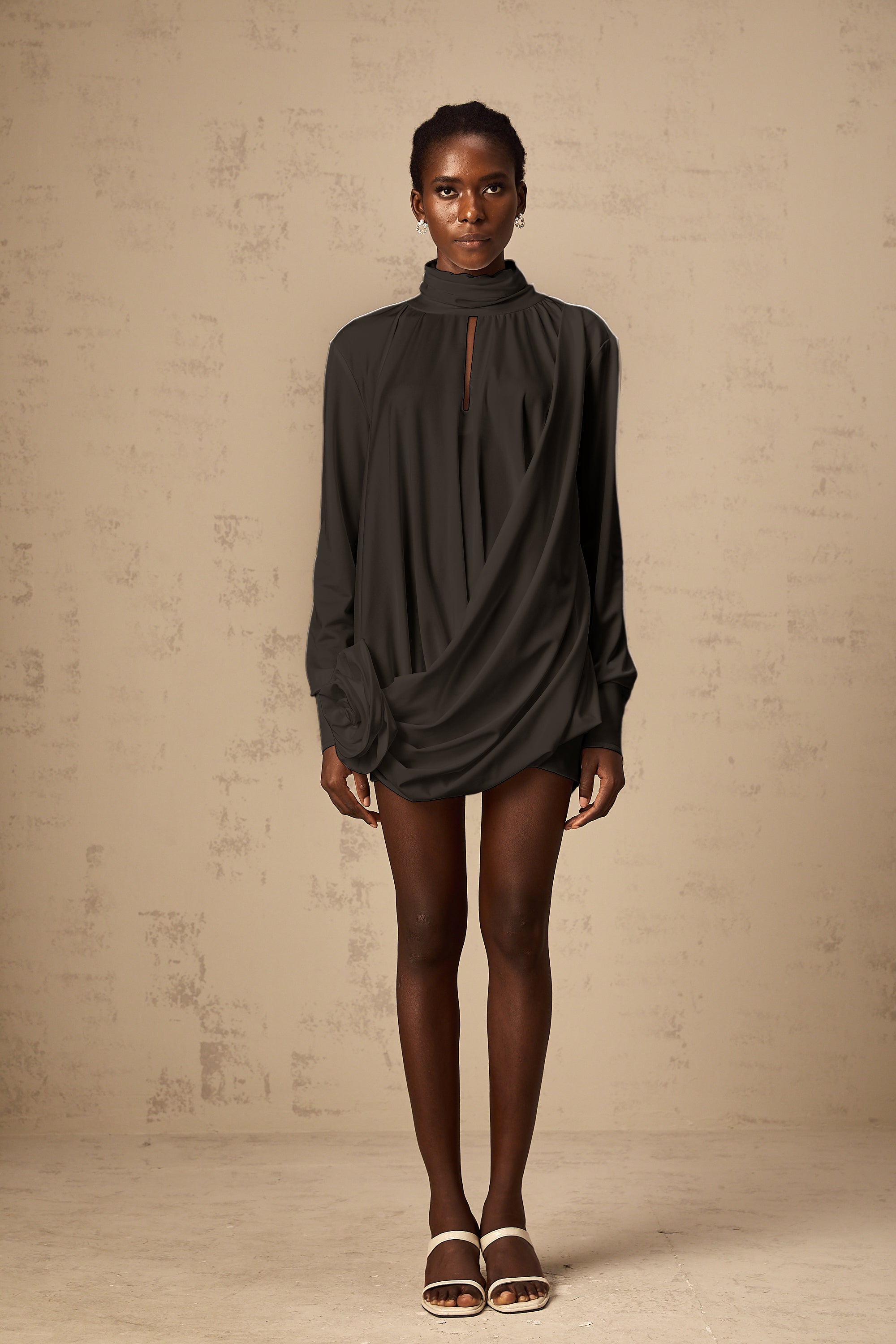 Maeva faux-flower ruched mini dress in Black