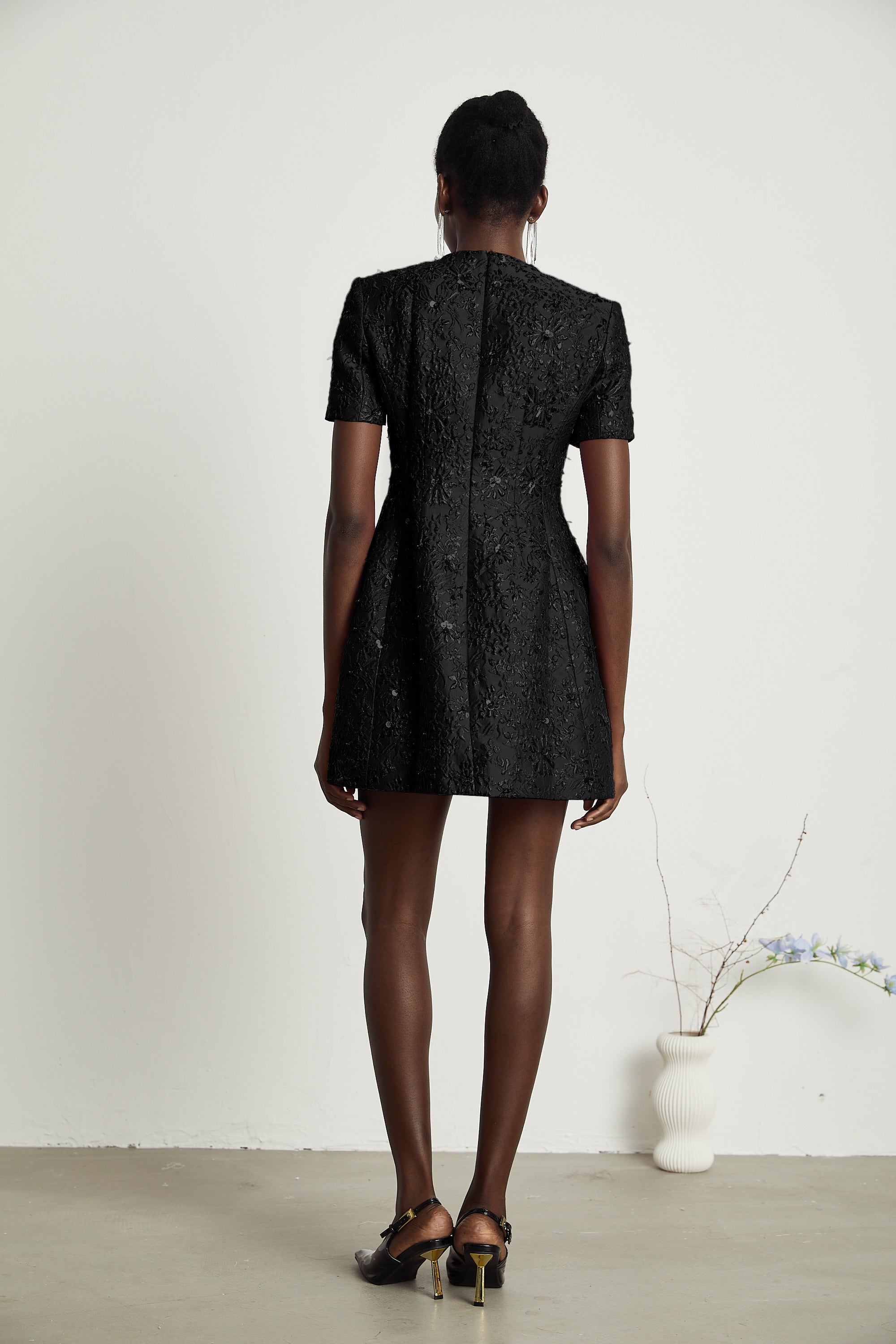 Celestia Floral-Appliqué Embellished Mini Dress in Black