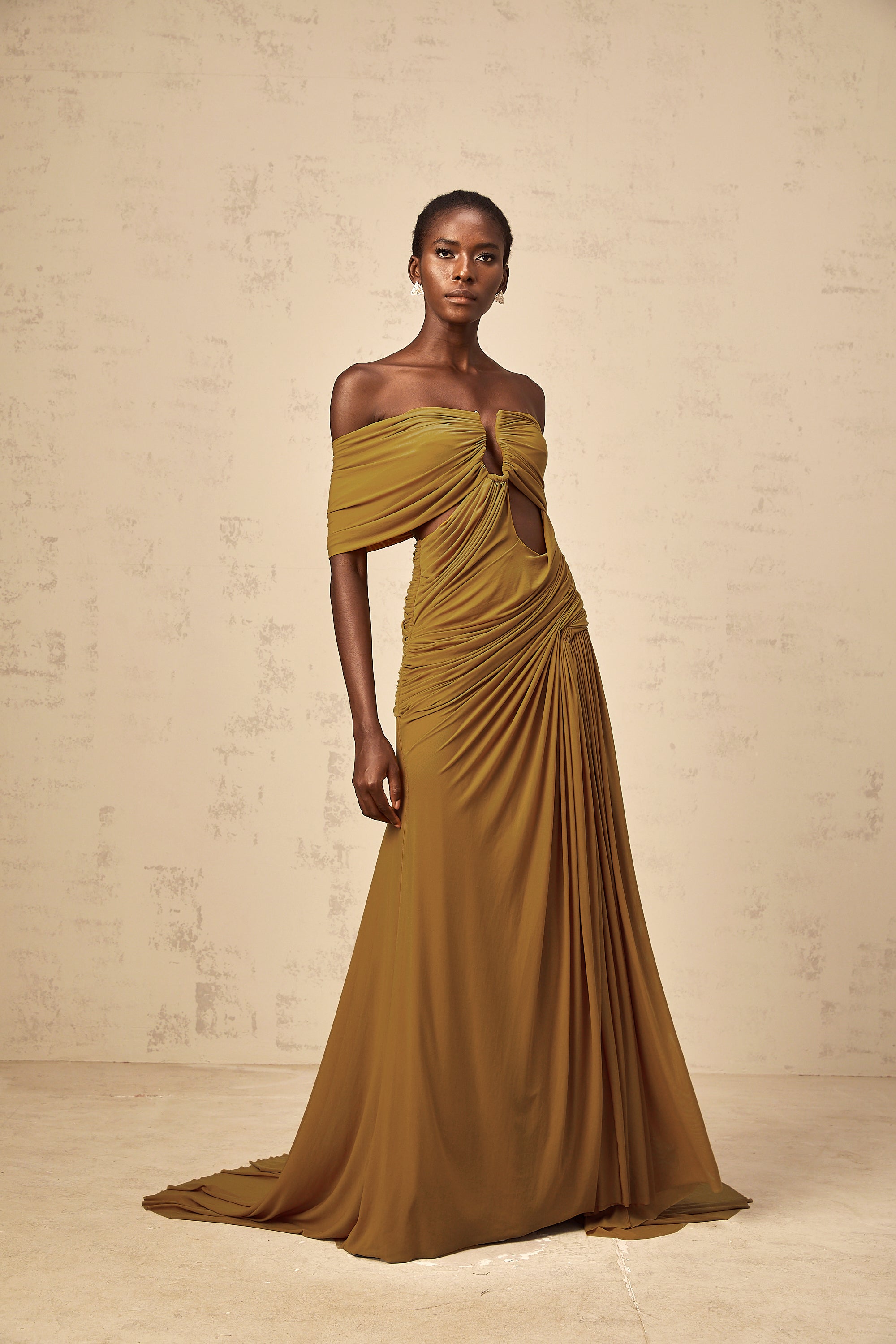 Ludivine ocher off-shoulder cut-out ruched maxi dress (Final Sale-US Only)