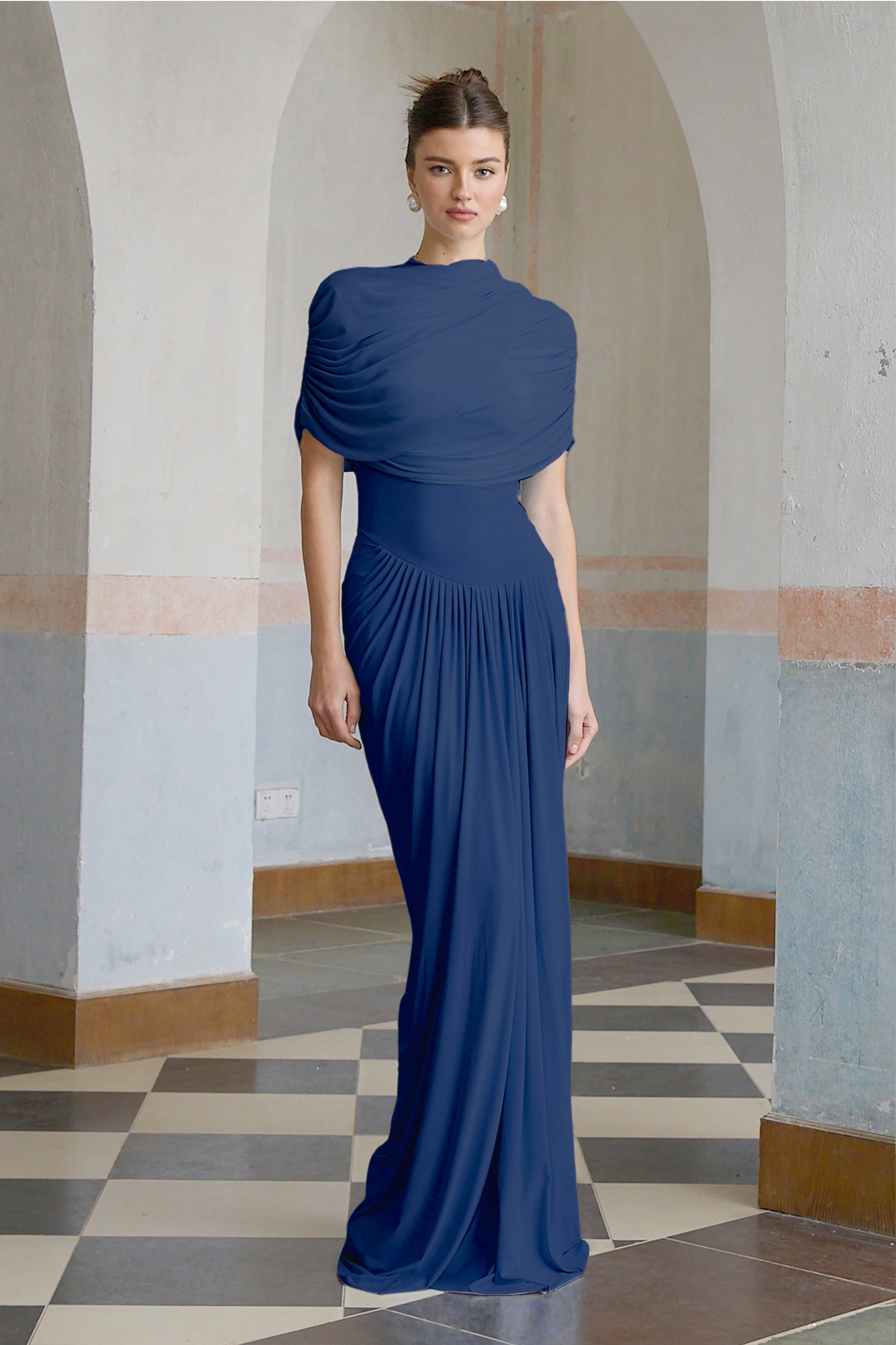 Catherine asymmetrical pleated maxi dress in Navy-blue (Final Sale-US Only)