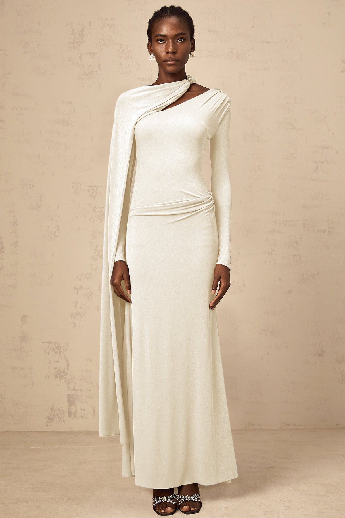 Josette White Diagonal Shawl Fitted Maxi Dress