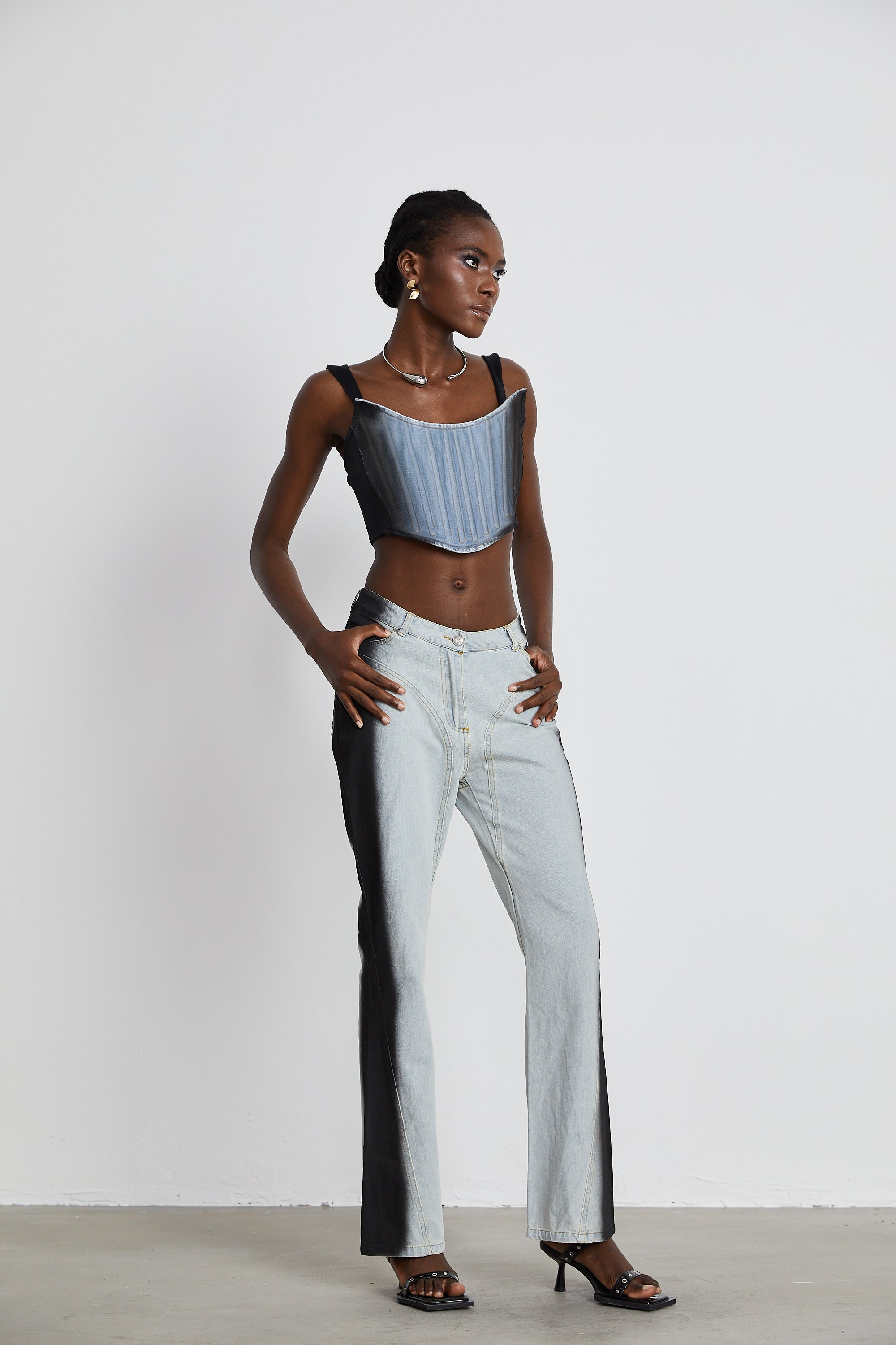 Manon two-tone denim cropped top