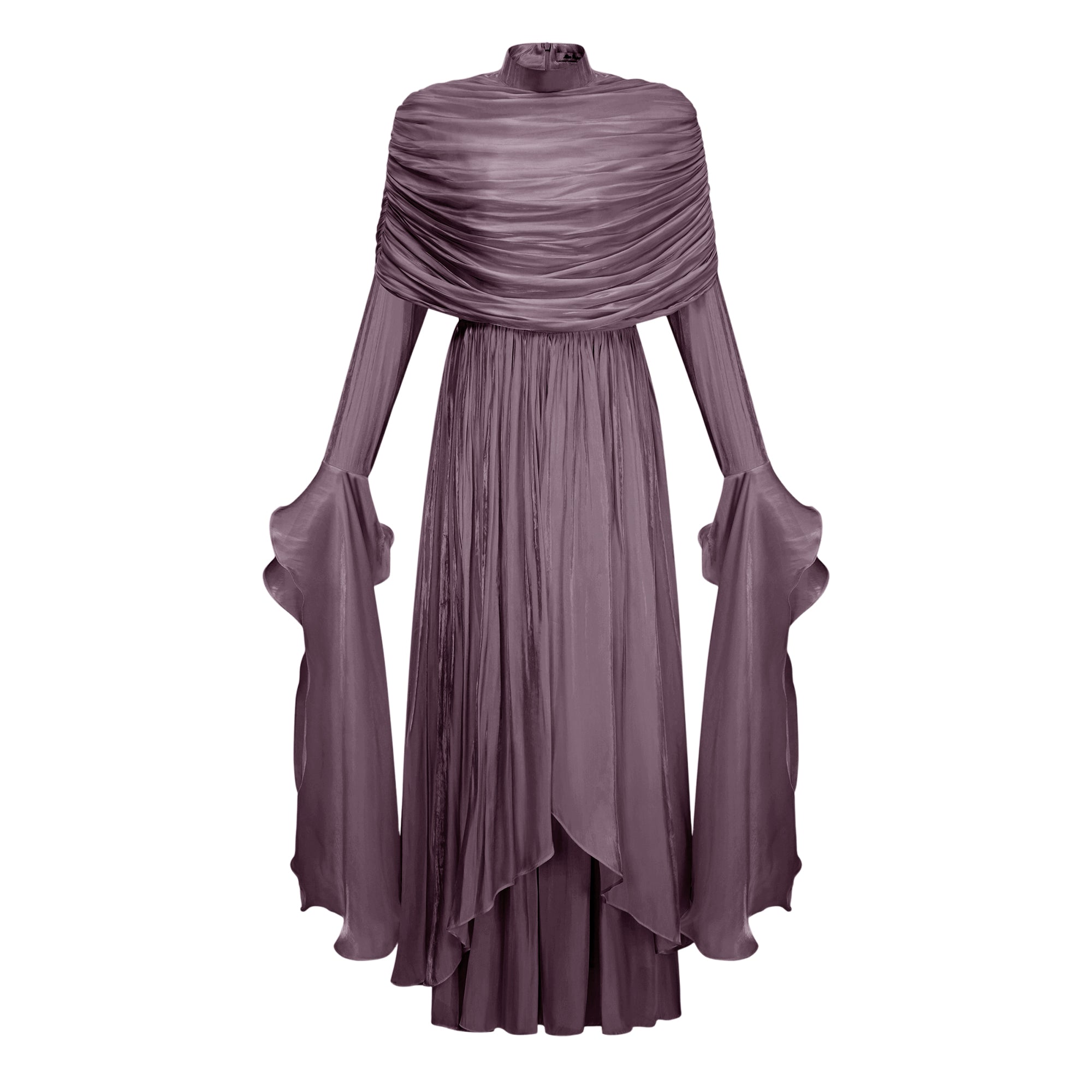 Gustave Purple Ruched Cape Ruffled Maxi Dress (Final Sale)