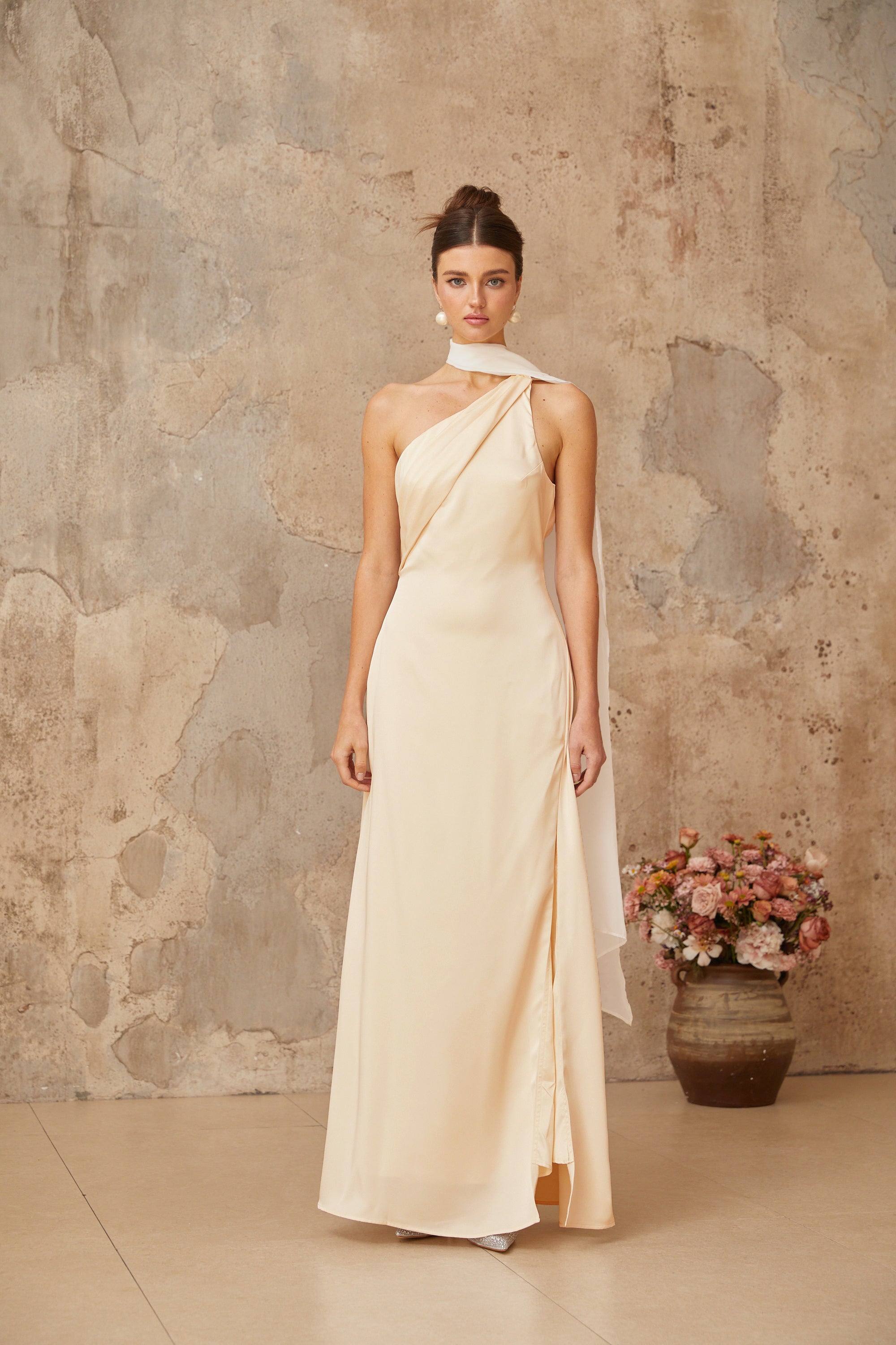 Thérèse neutral scarf-design satin maxi dress (Final Sale-US Only)