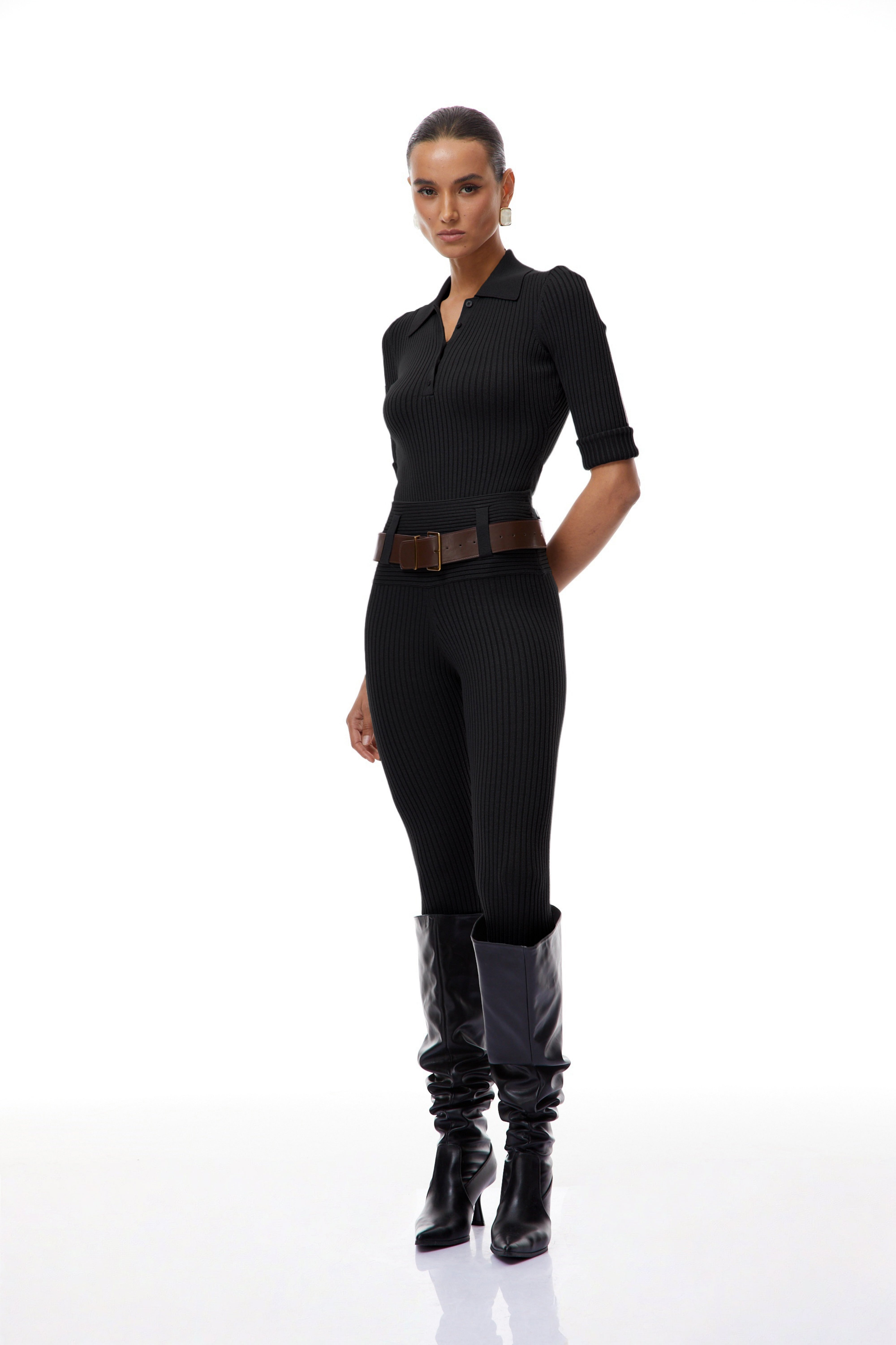 Claire Black Ribbed Knit Bodysuit & Trousers Set