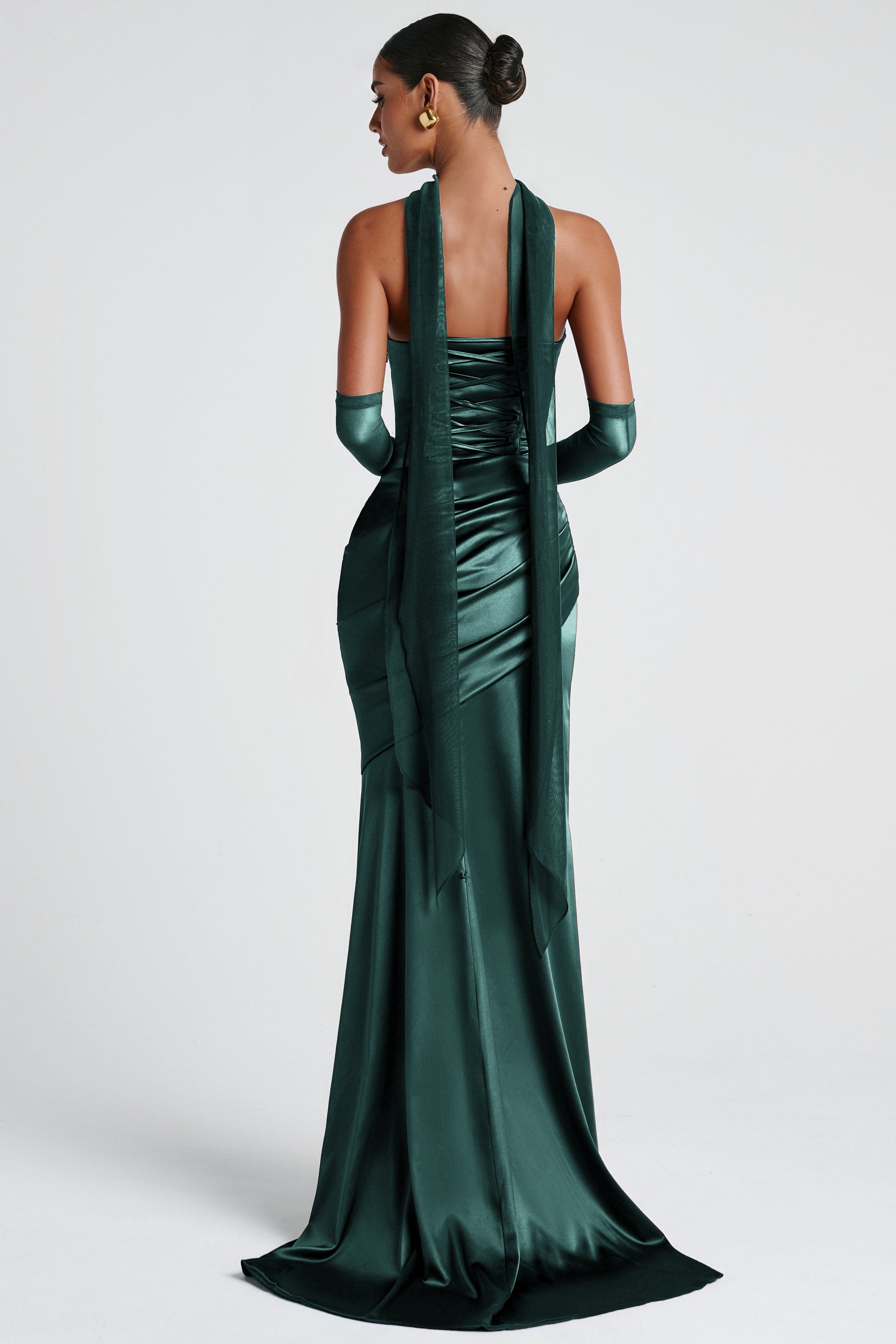 Marilou Green Ruched Satin Maxi Dress