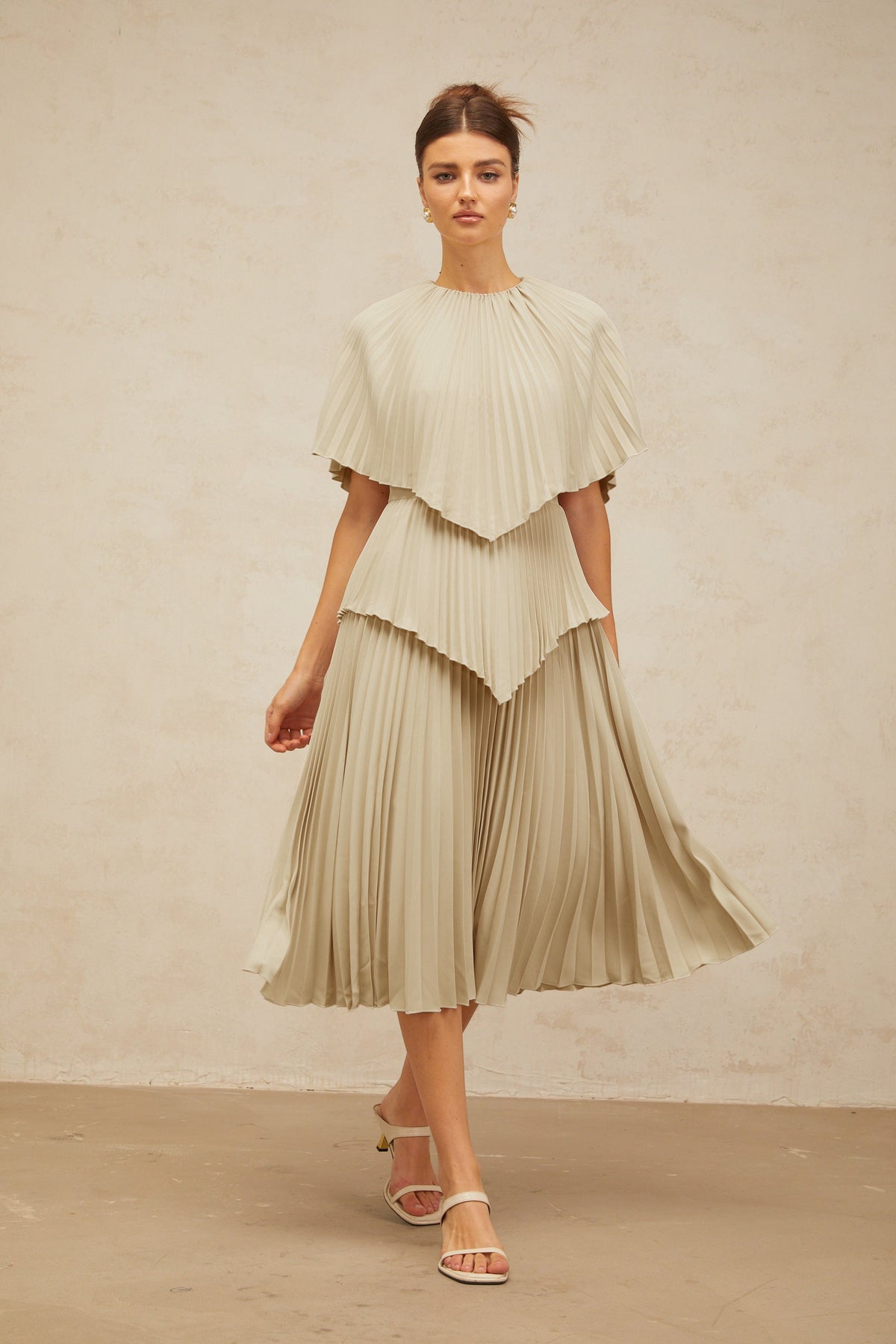 Héloïse neutrals cape pleated midi dress